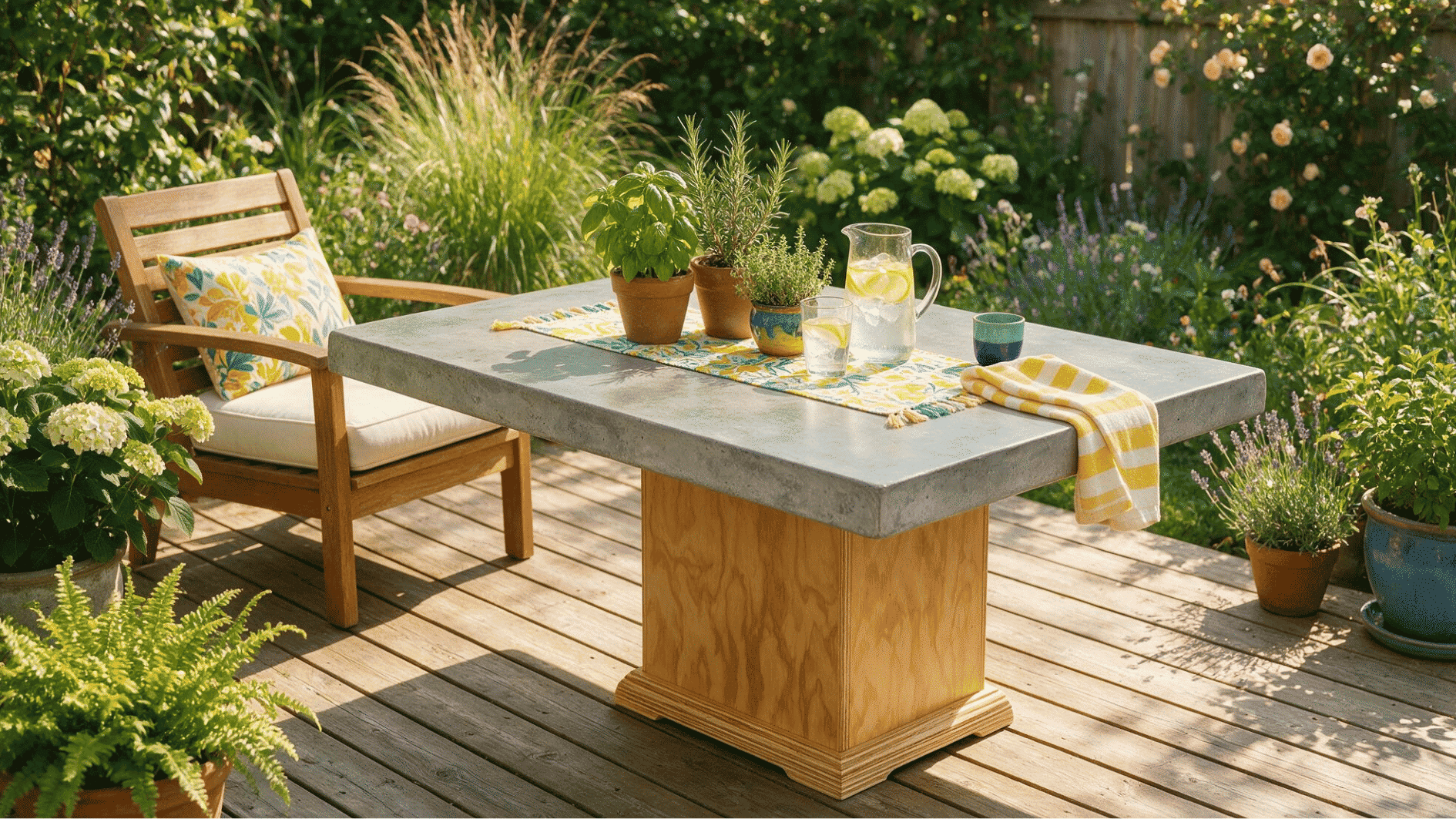 Modern DIY patio table with a poured concrete tabletop