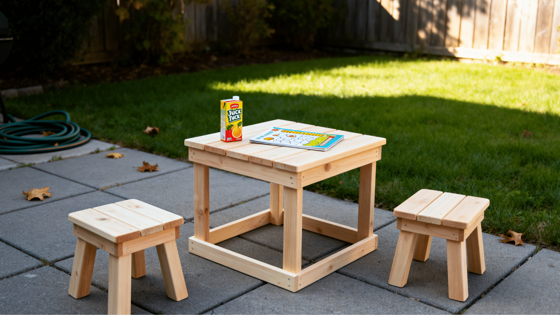 Small DIY kids patio table and stool set painted bright colors