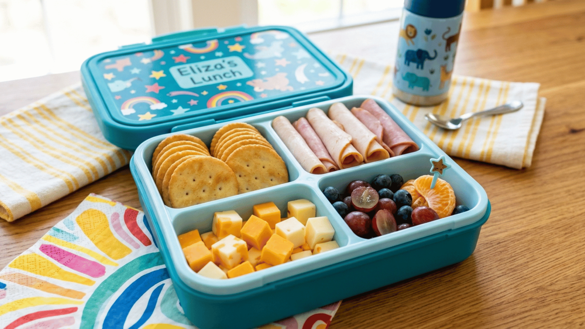 homemade lunchable-style snack tray packed in a colorful lunchbox