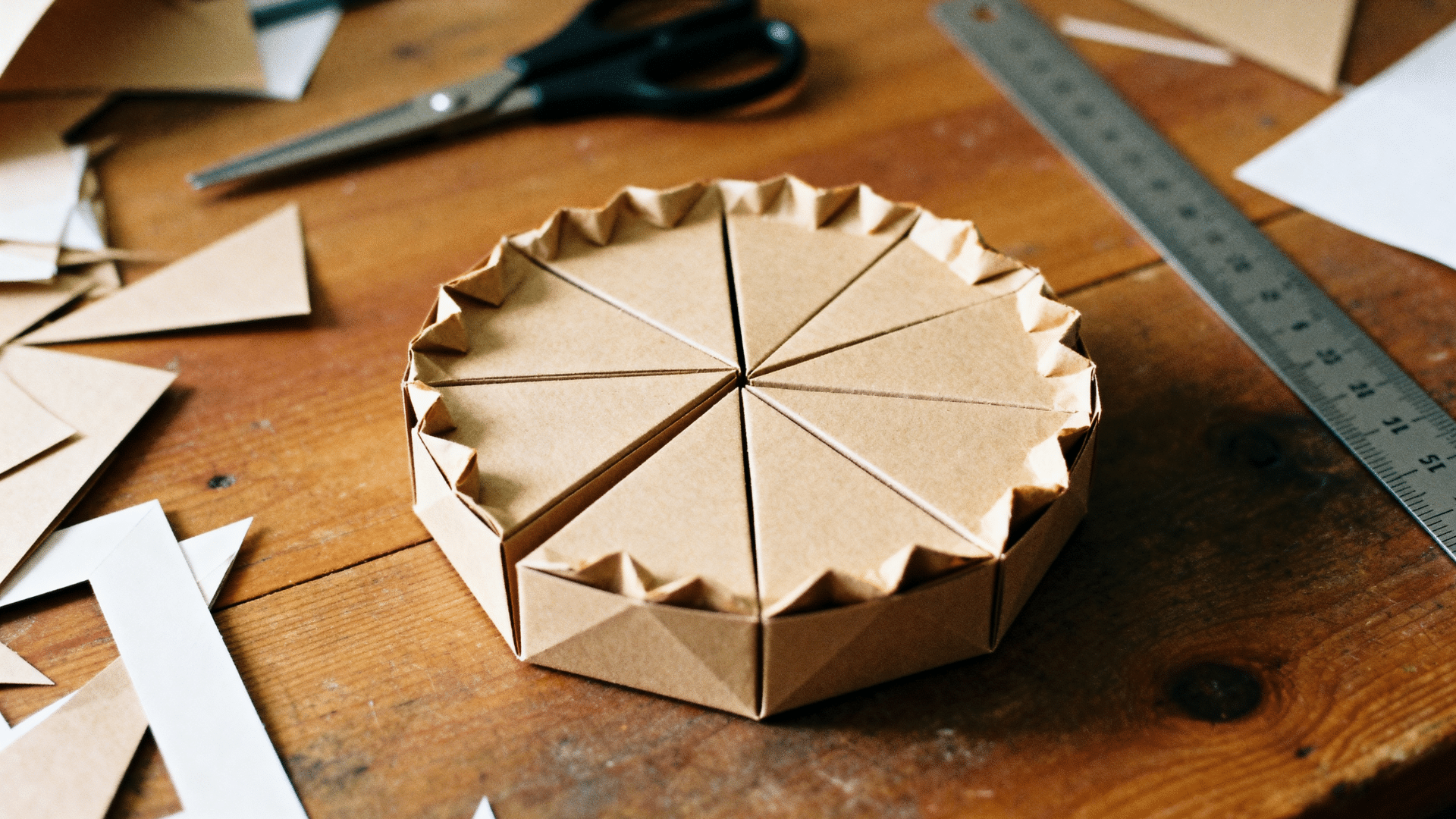 diy paper pie slice boxes arranged together to form a full cake shape for party favors.