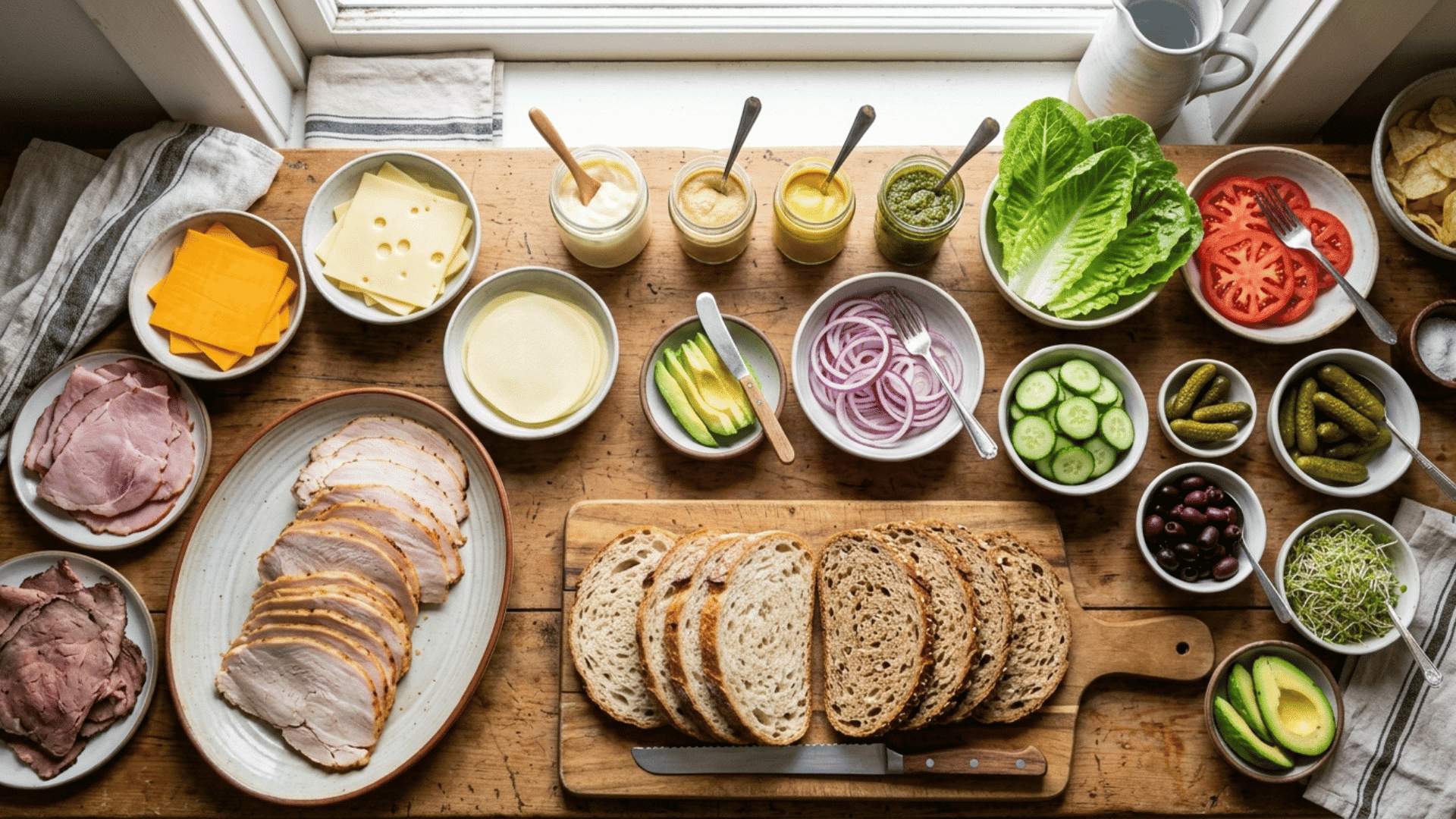 sandwich bar with bread, turkey, cheese, and condiments laid out