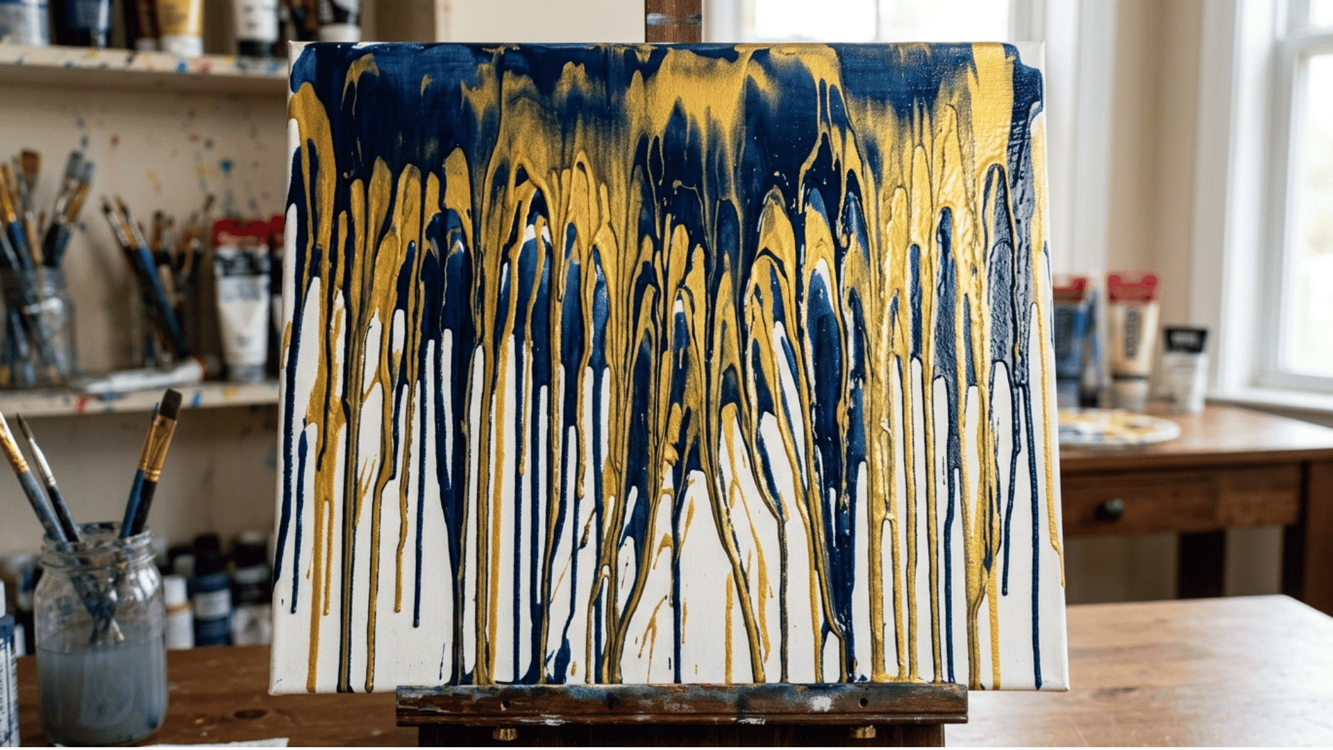 navy and gold paint dripping in smooth vertical streaks