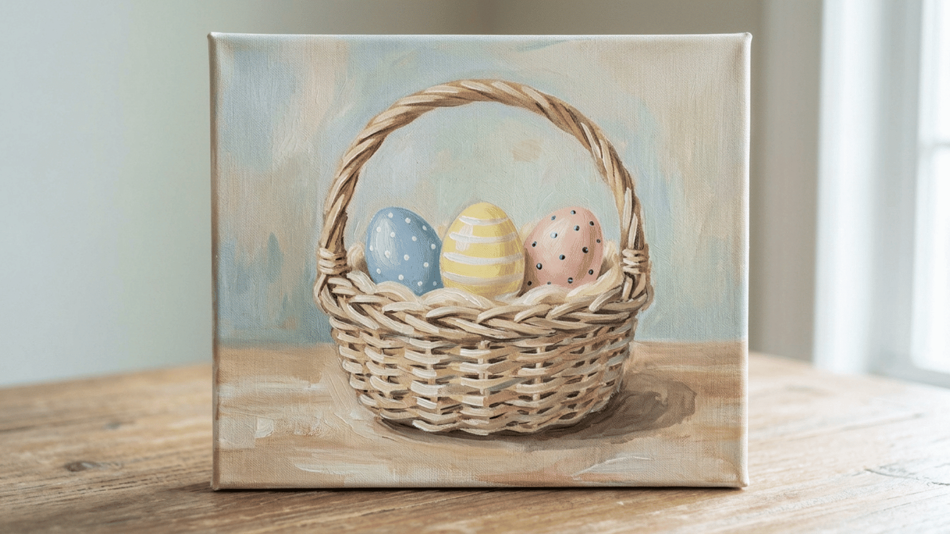 pastel easter eggs sitting inside a woven basket