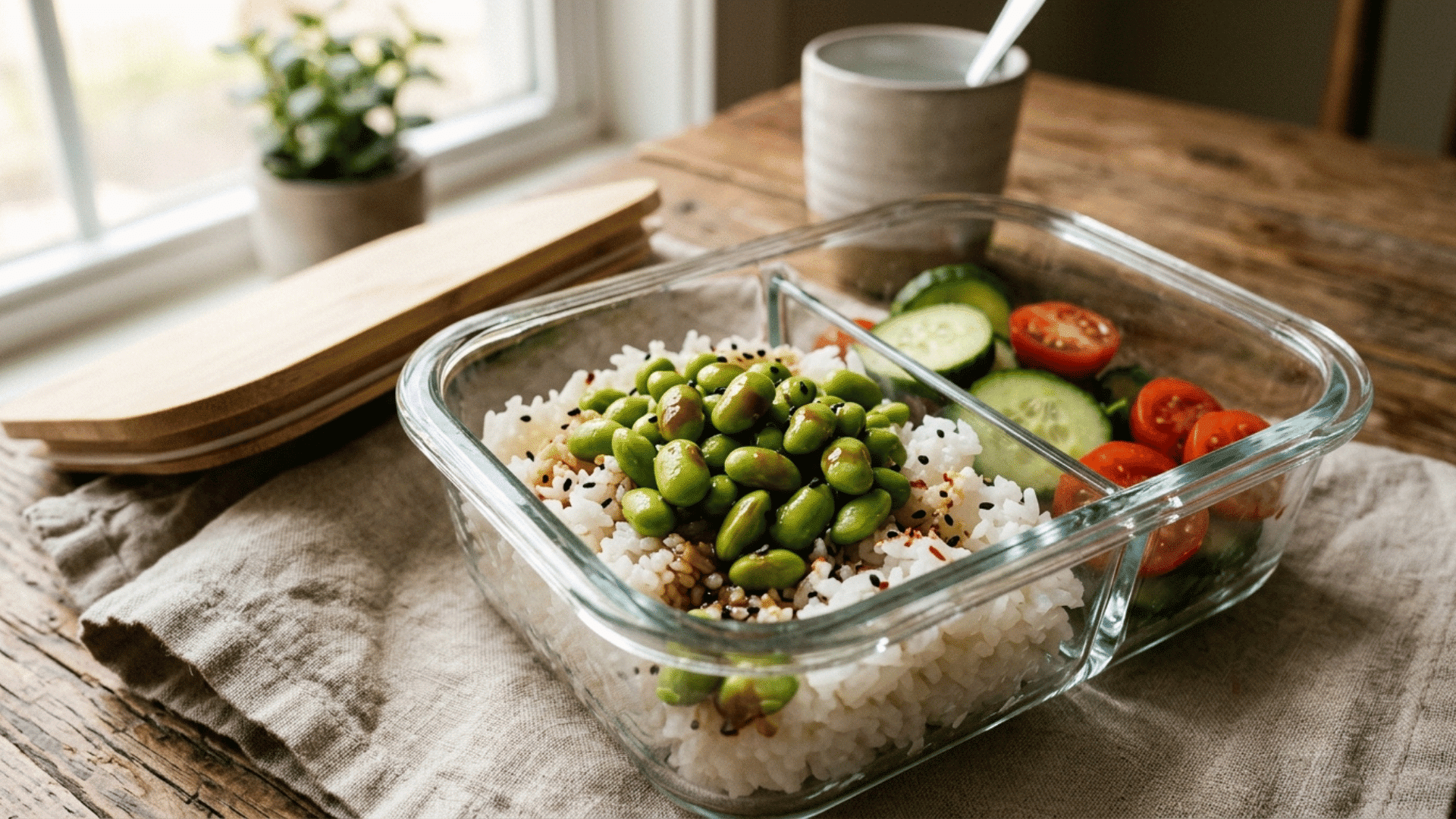 edamame and rice bowl packed in a divided glass lunchbox