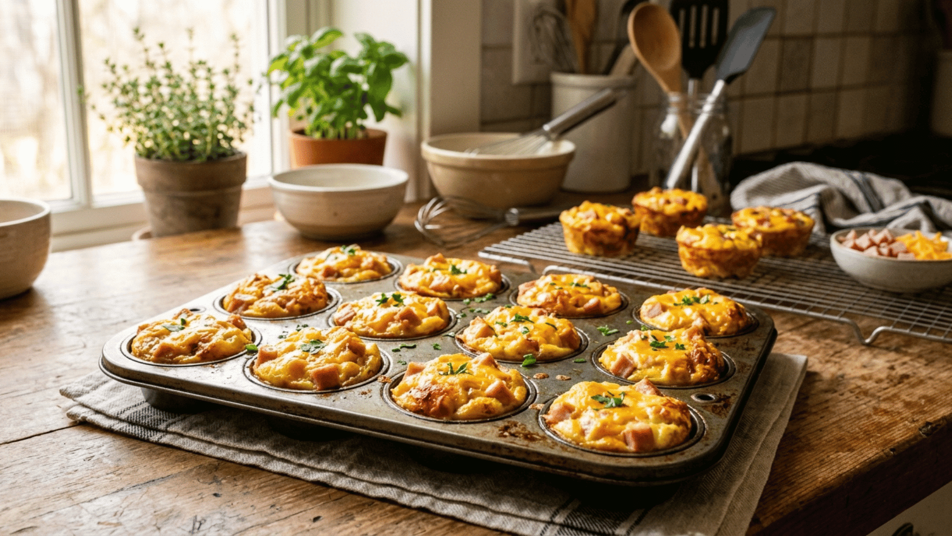 egg and cheese muffin cups with diced ham on cooling rack