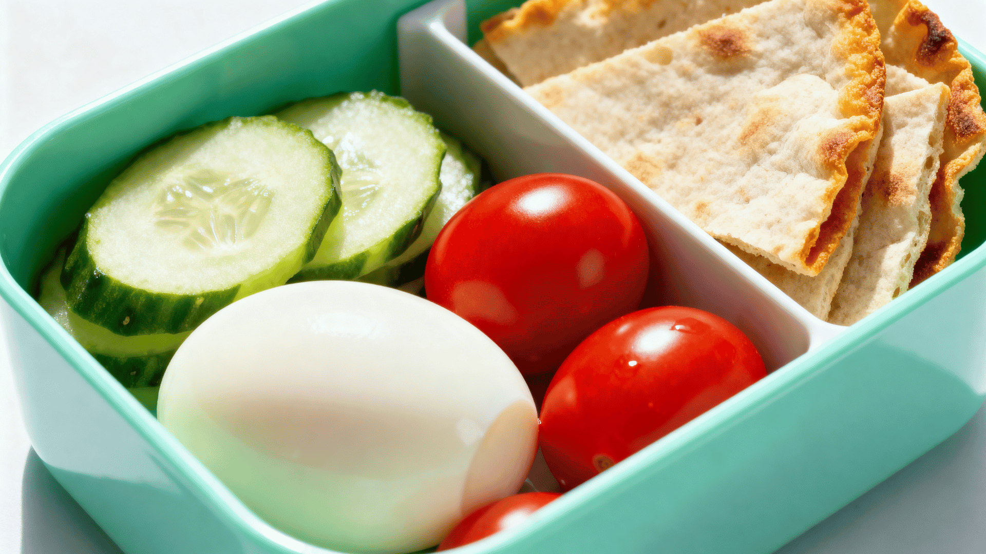 boiled egg, cucumber, cherry tomatoes, and pita chips in a white and mint-green ceramic lunchbox