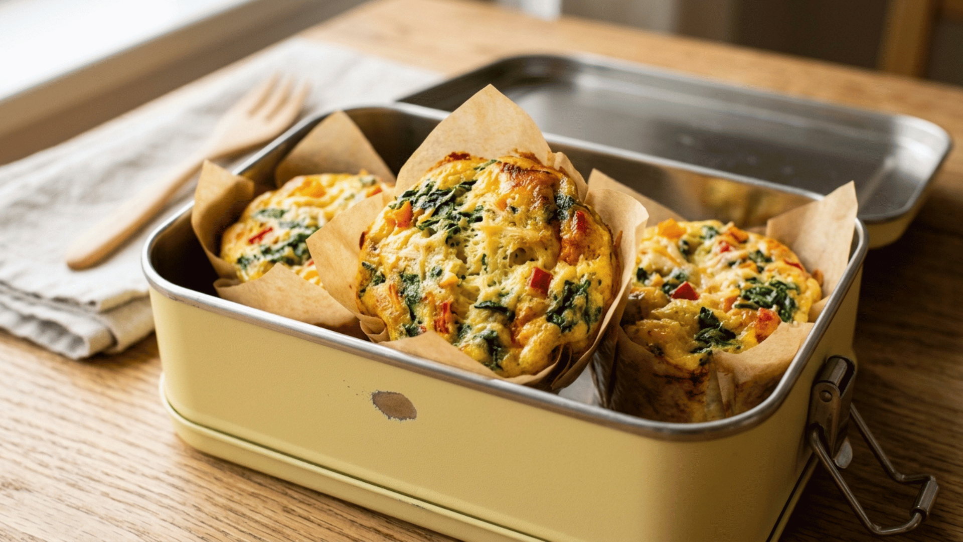 baked egg muffin cups with spinach packed in a yellow steel lunchbox