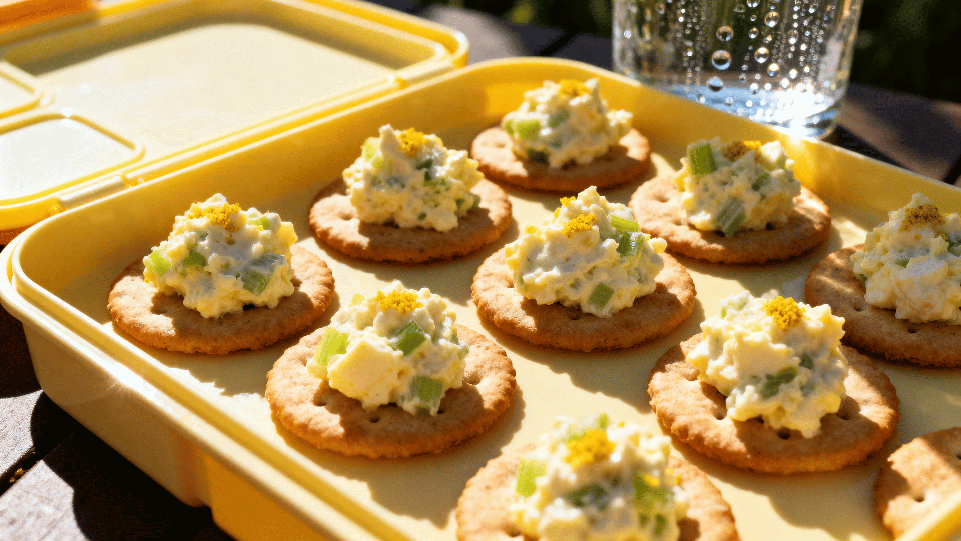 egg salad scoops served on crackers in a light yellow kids lunchbox