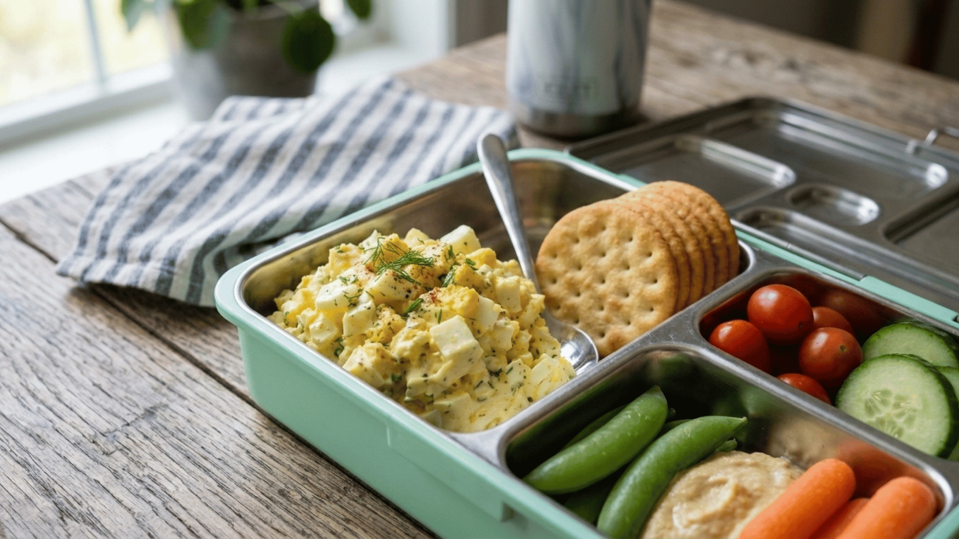 creamy egg salad and round crackers in a mint-green divided steel lunchbox