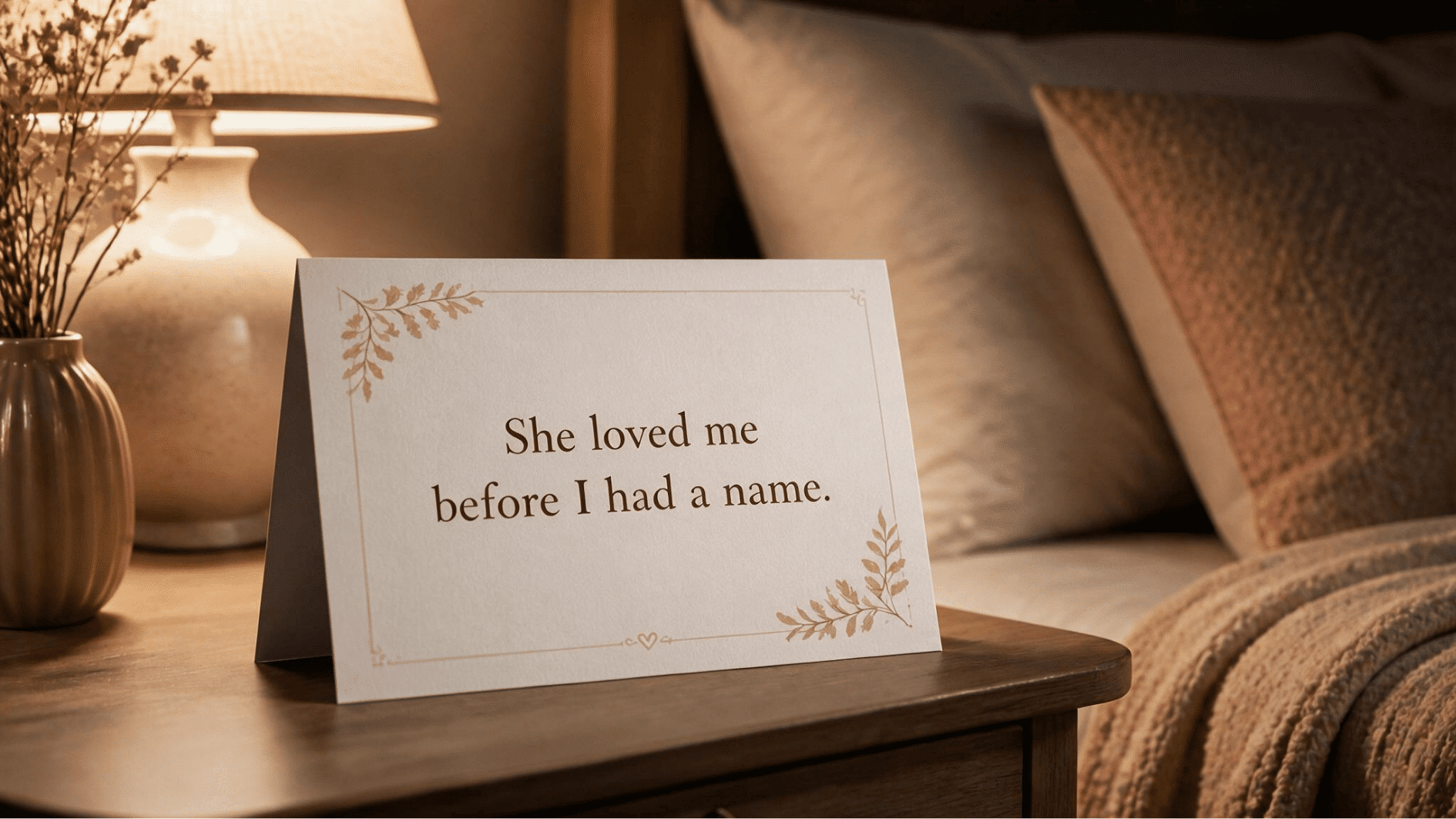 elegant quote card on a wooden side table beside a warm lamp and cozy bed with soft neutral decor in a bedroom