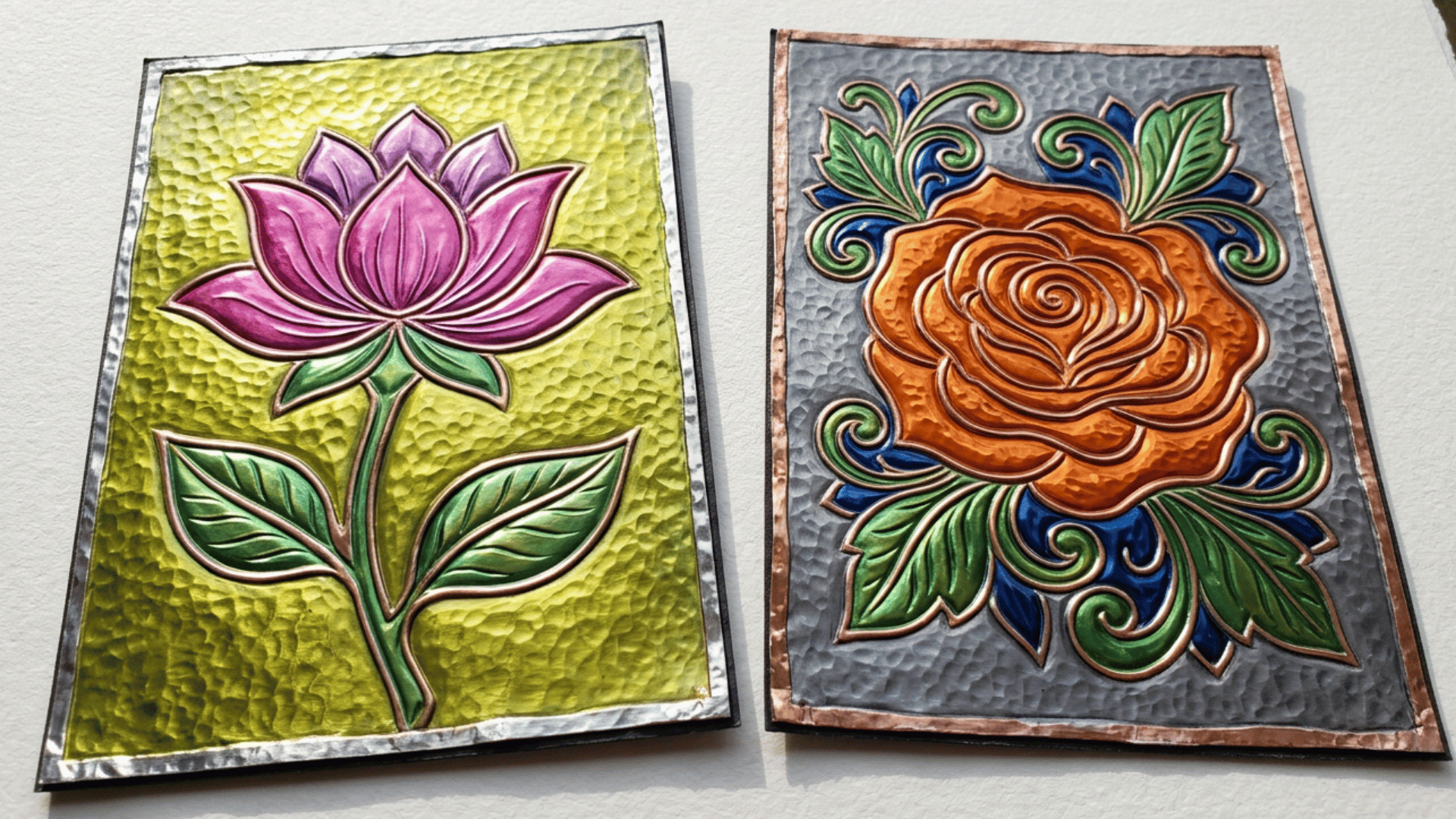 decorative foil embossed flower art panels featuring colorful lotus and rose designs with textured metallic finishes