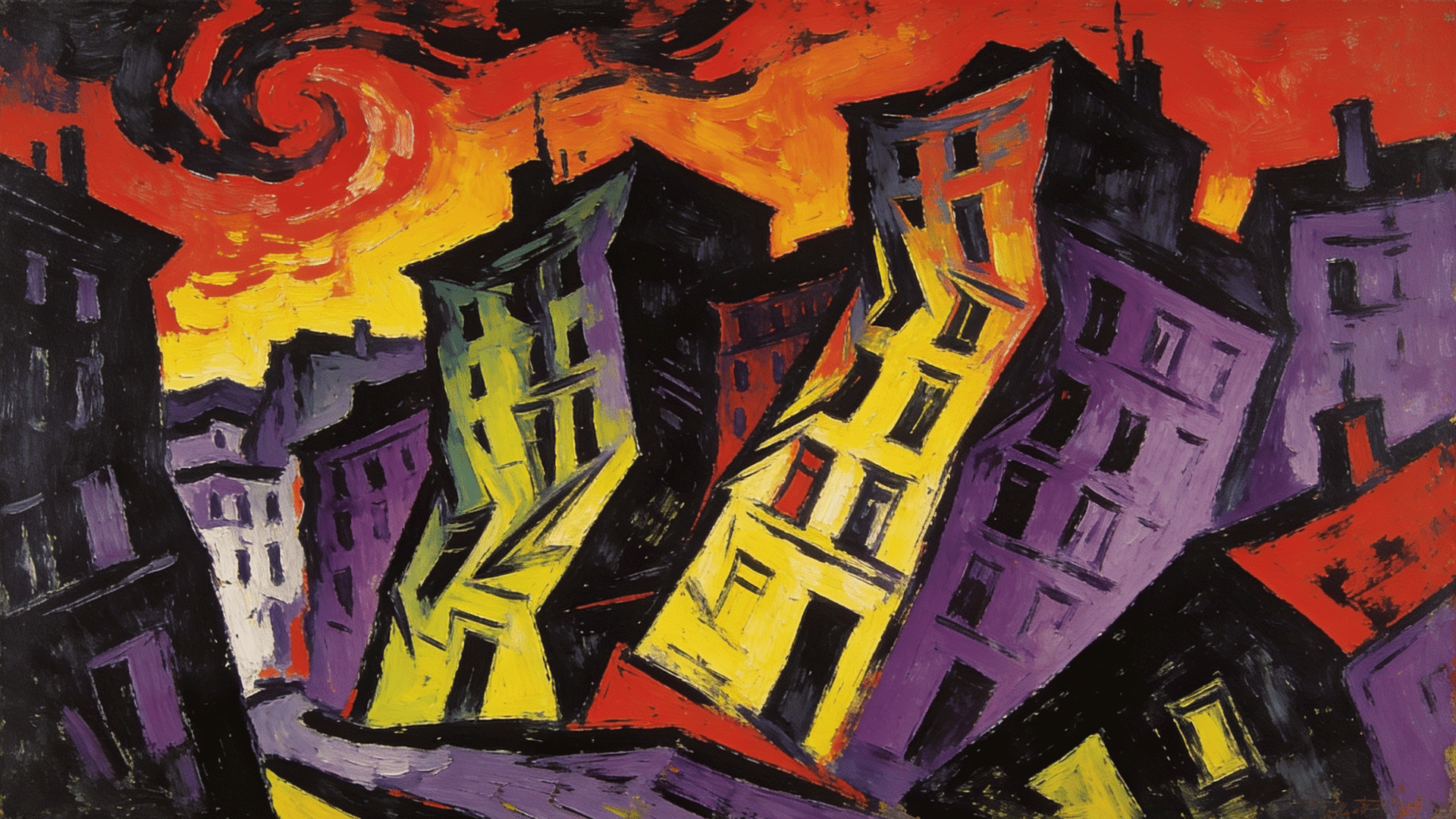 expressionism style distorted cityscape with tilted buildings intense red orange sky bold black and purple tones dramatic mood
