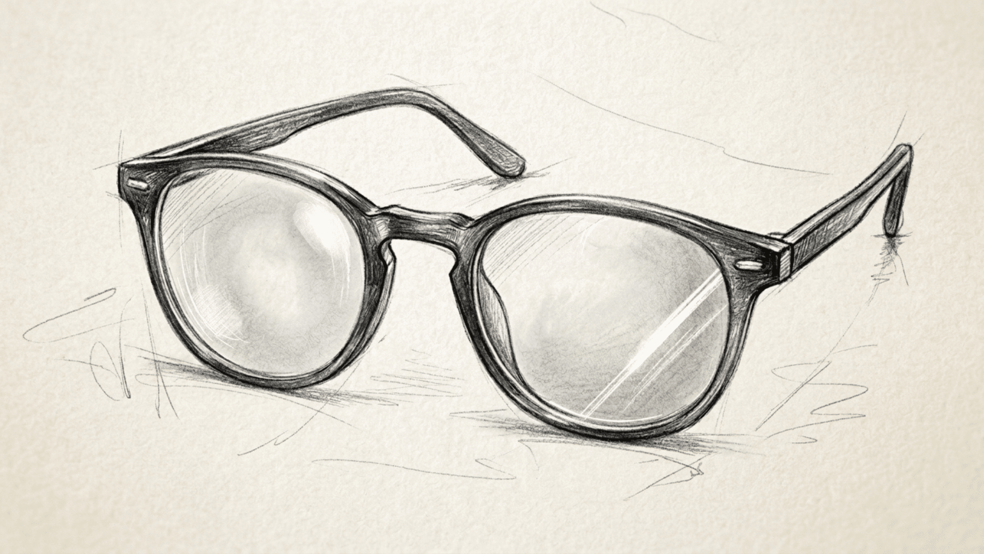 pencil sketch of eyeglasses with evenly spaced lenses, bridge, and light reflection lines