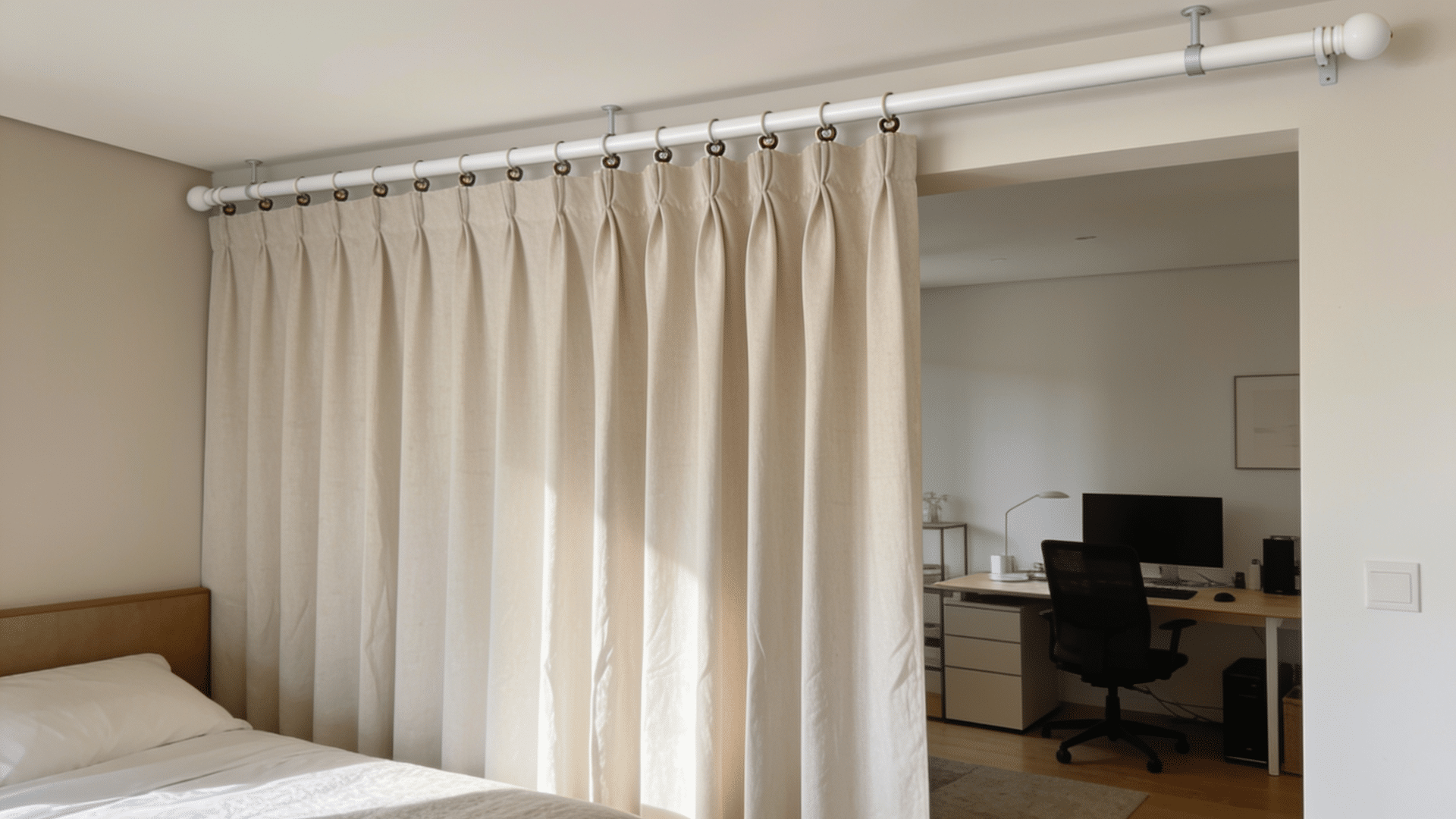 `fabric curtain room divider hanging from a wooden rod`