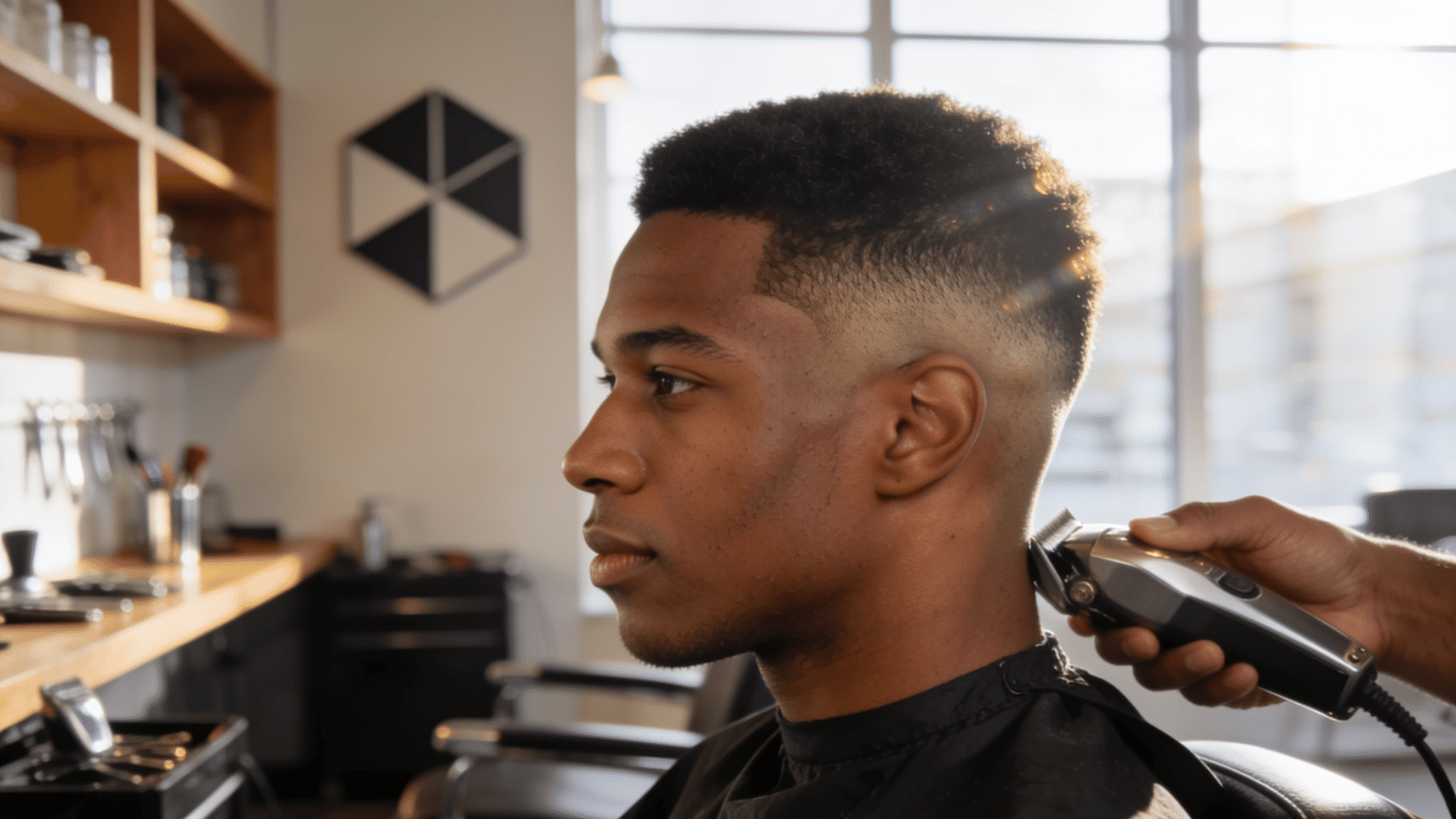 fade haircut with clean tapered sides and textured top while getting a fresh trim in a modern barbershop setting