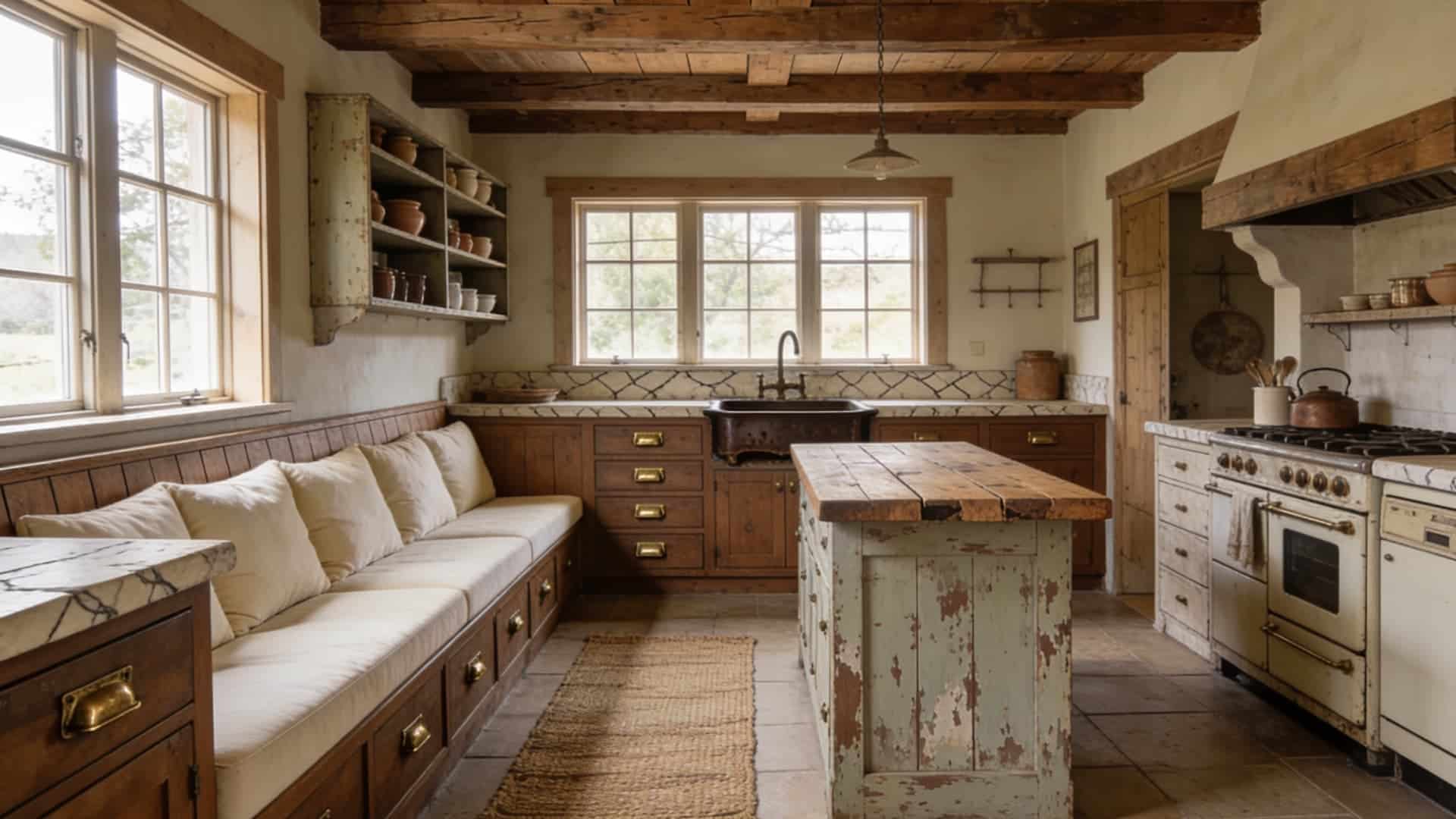 farmhouse breakfast nook with wooden banquette neutral cushions round table and storage drawers below