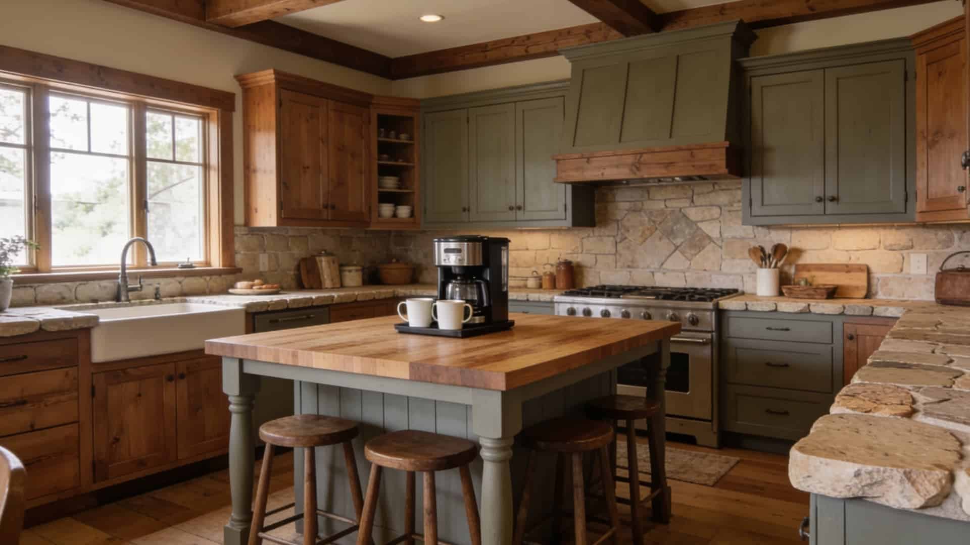 farmhouse kitchen with butcher block island coffee station painted cabinets and stone perimeter counters