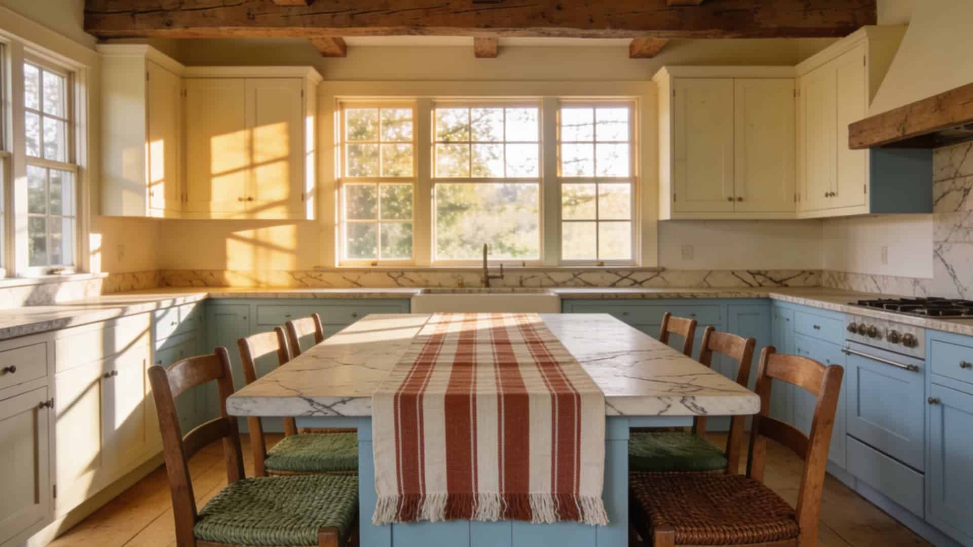farmhouse kitchen with linen curtains striped runner woven cushions tea towels wood and stone surfaces