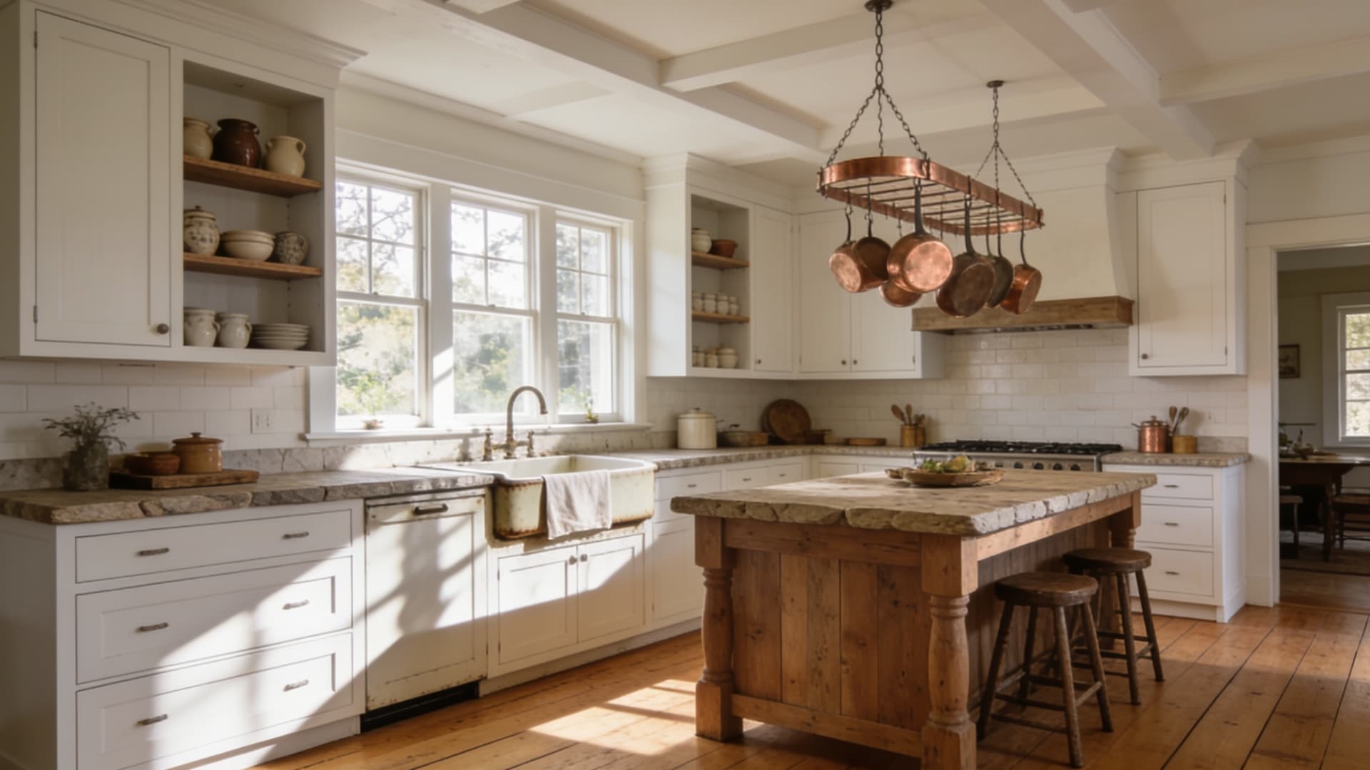 farmhouse kitchen with wide plank oak flooring warm white cabinets wood island and matte stone counters