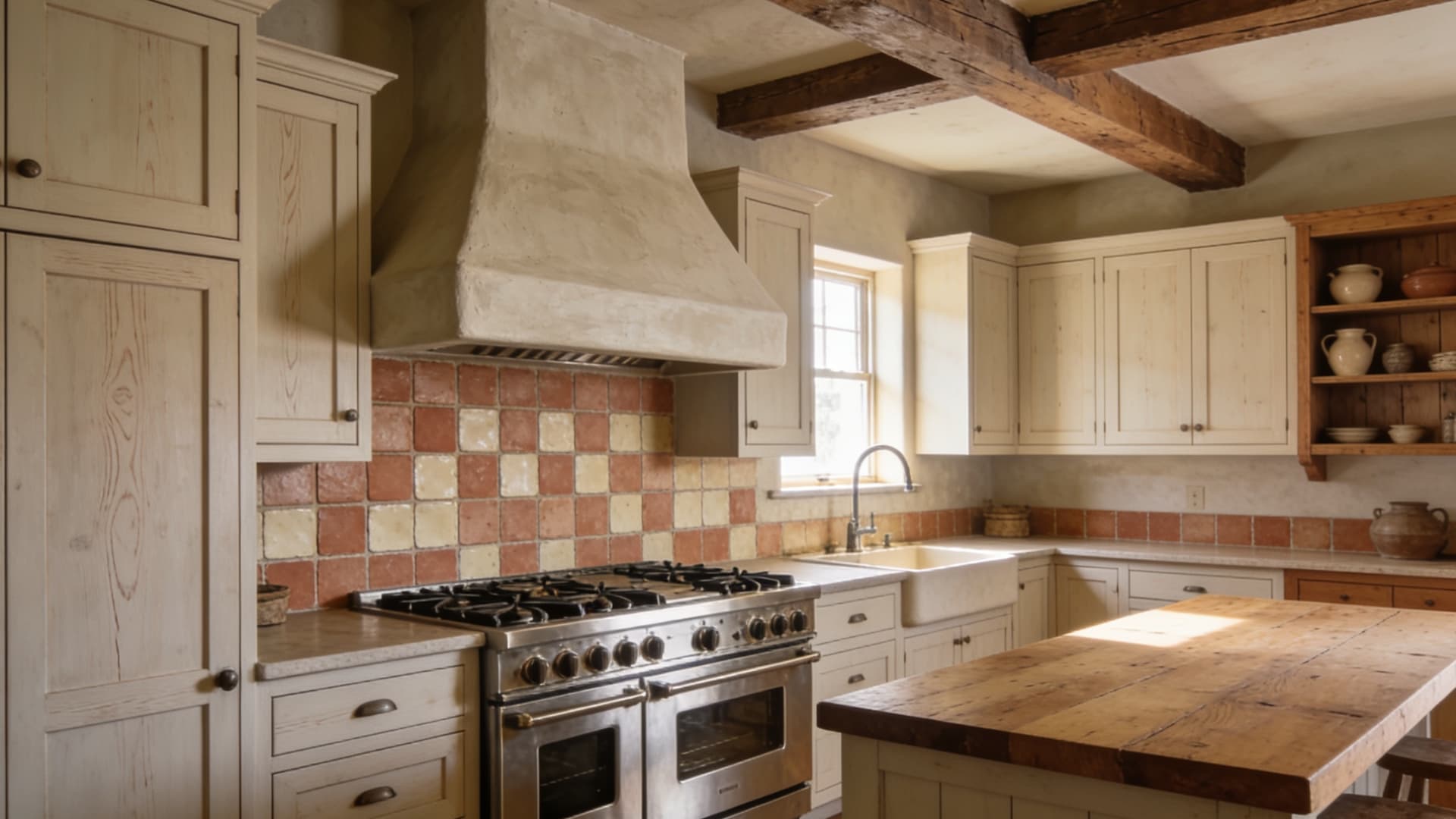 farmhouse range framed by a large plaster hood shaker cabinets handmade tile and warm wood accents