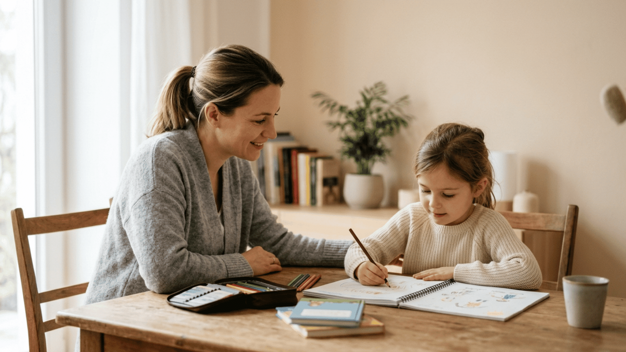 parent supporting child while drawing and sharing ideas during a learning activity