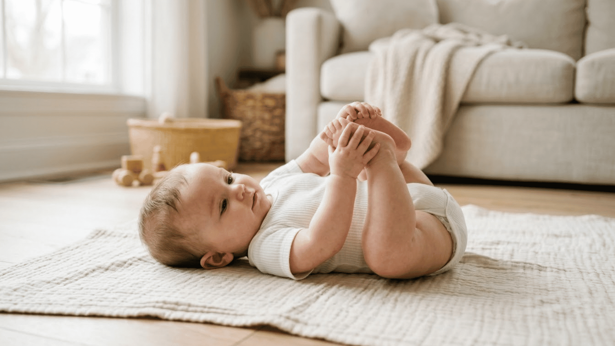baby discovering feet with hands while building coordination and body awareness