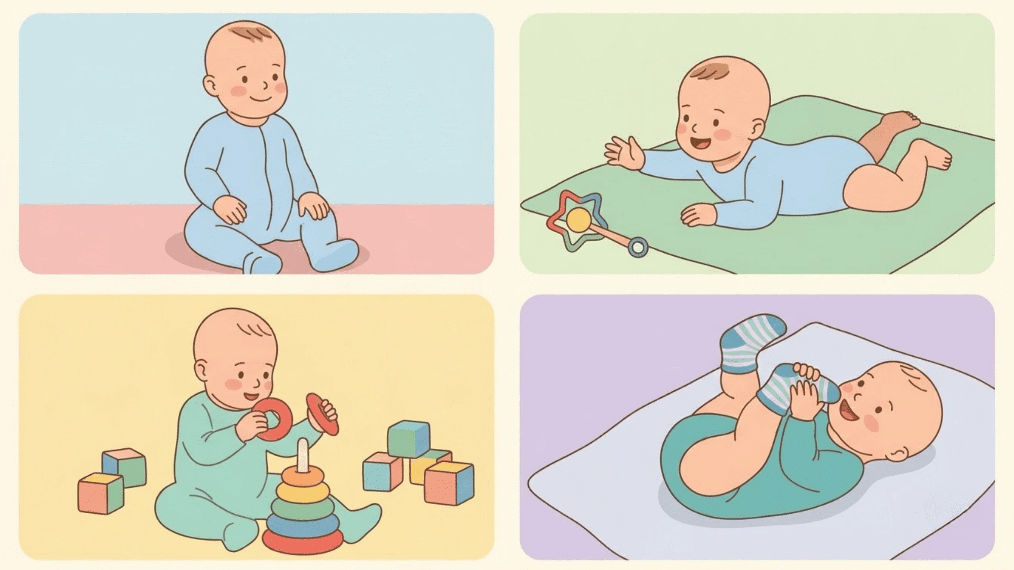 baby grabbing feet while lying on play mat during early motor development and doing other activities