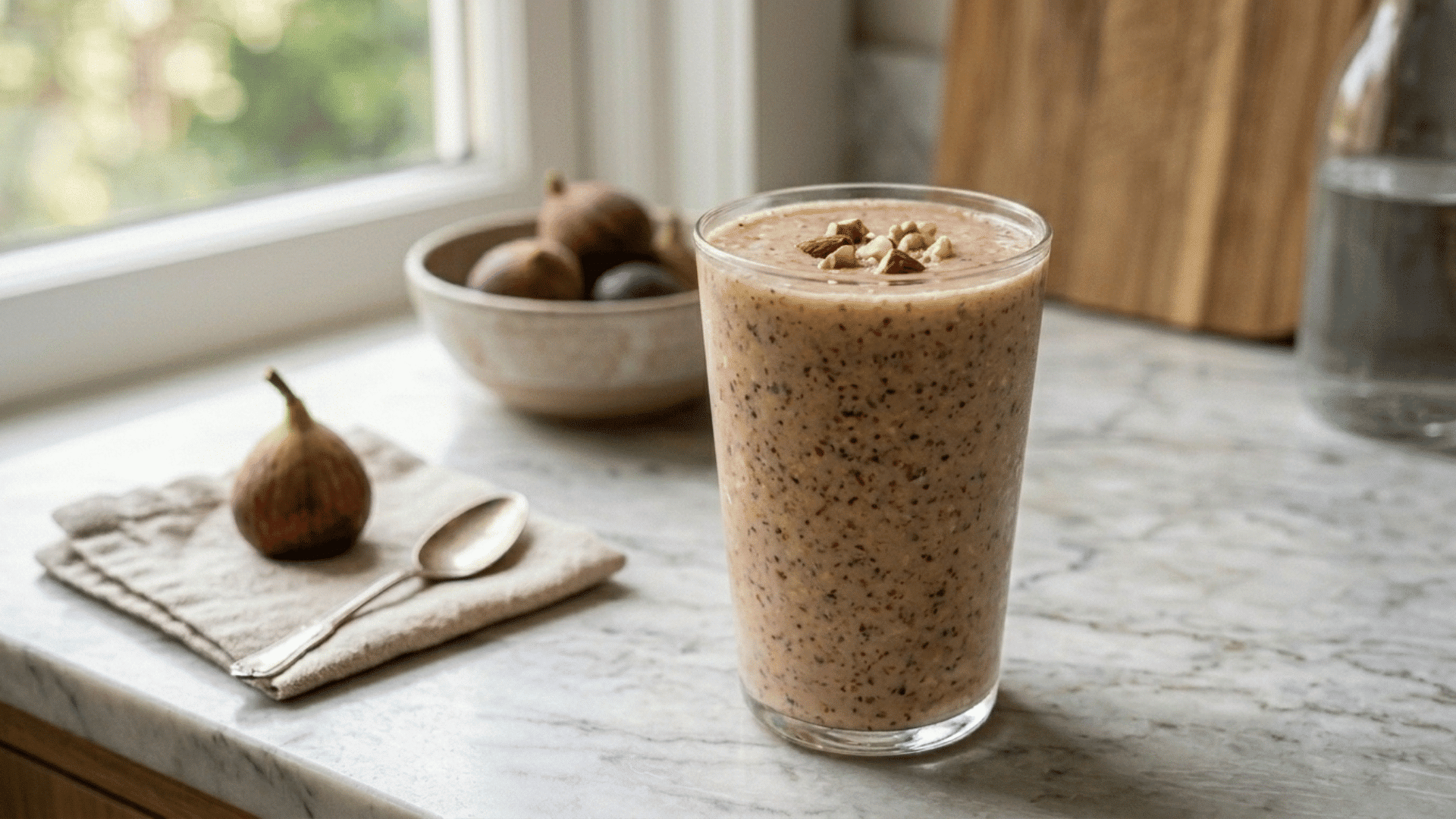 fig banana smoothie in a glass topped with halved fresh fig