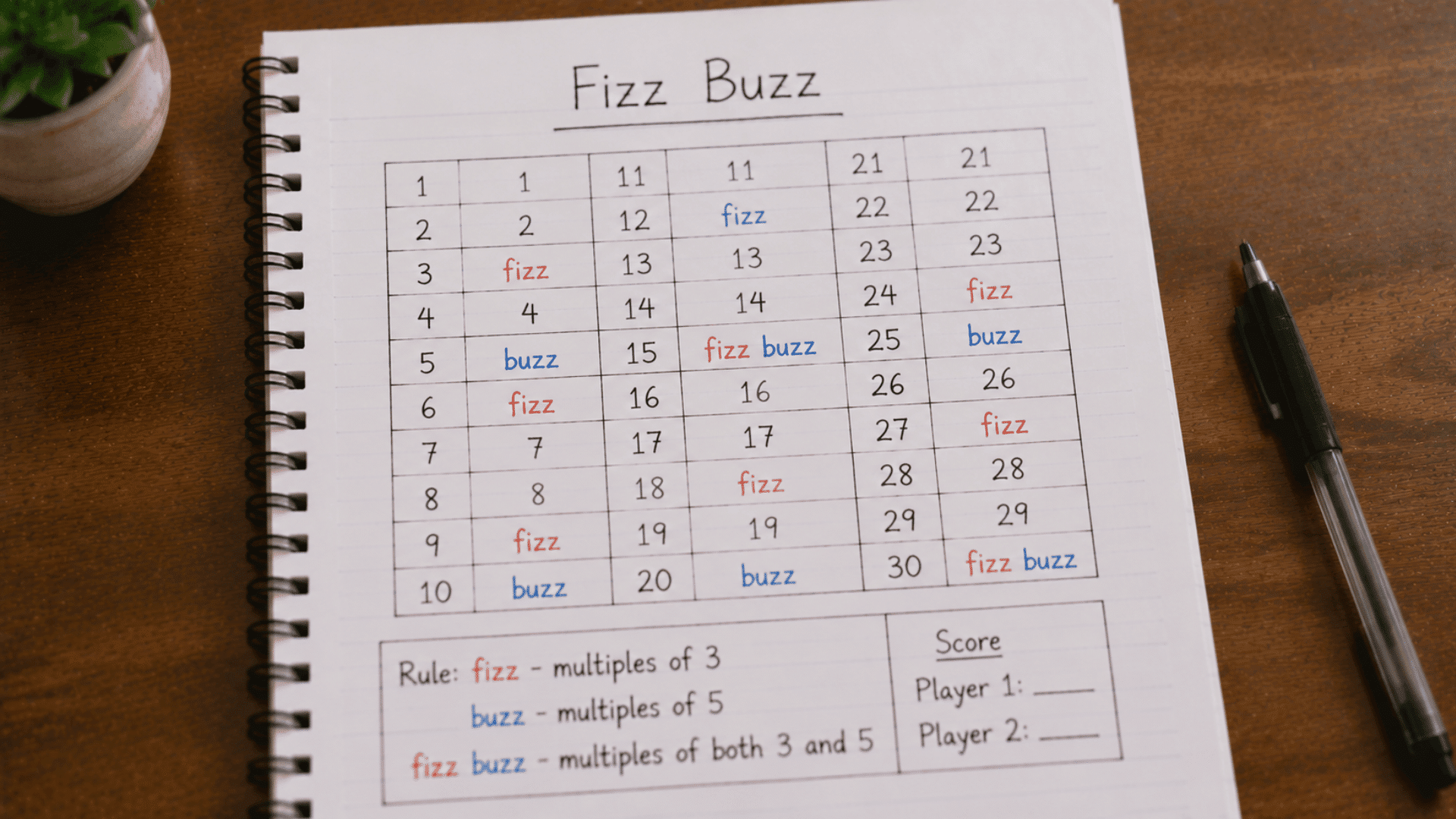 fizz buzz game chart in a spiral notebook with a grid of numbers, game rules, scorecard, and a black pen beside it