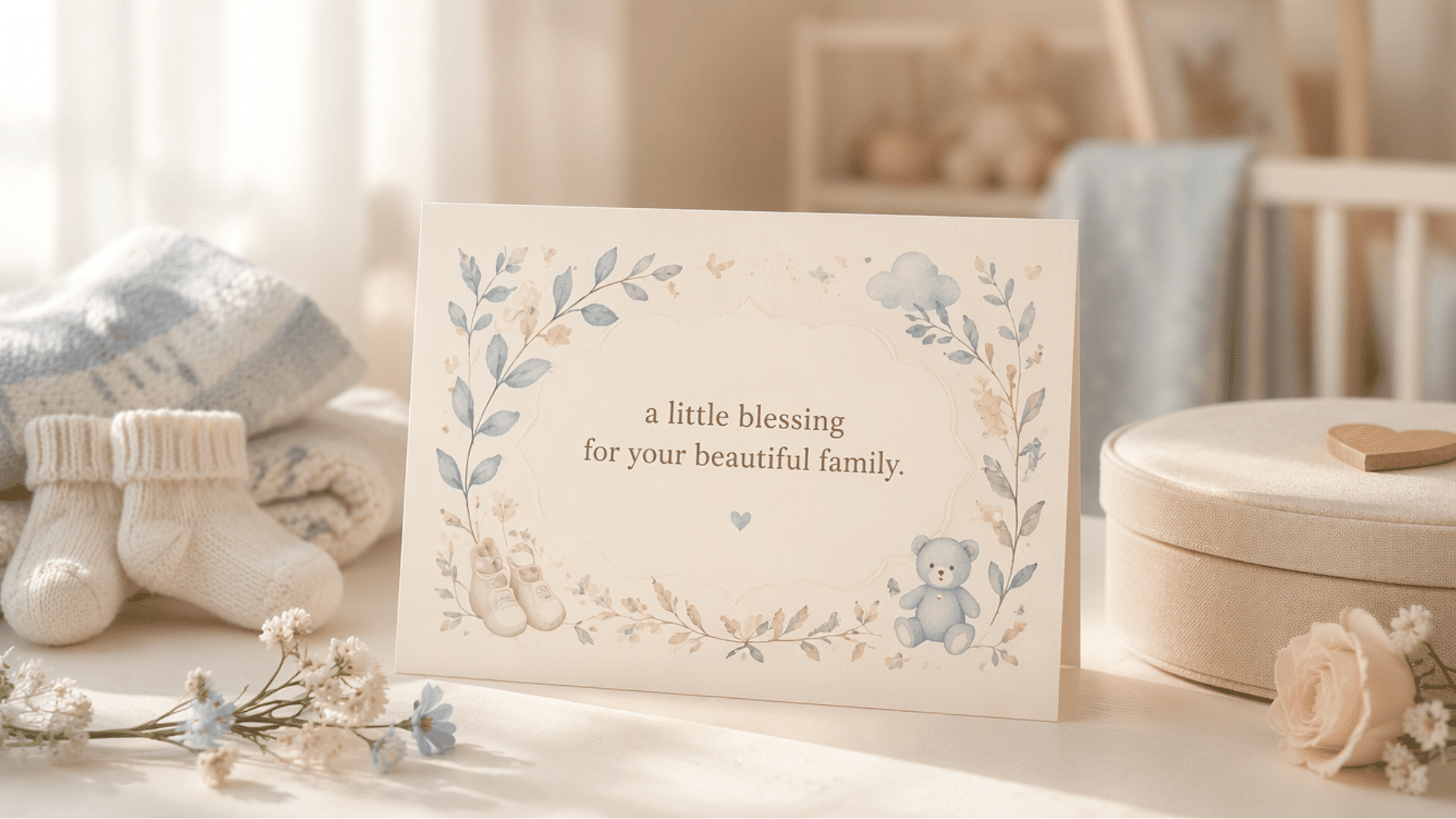 floral cream card reading a little blessing for your beautiful family, beside booties and a teddy