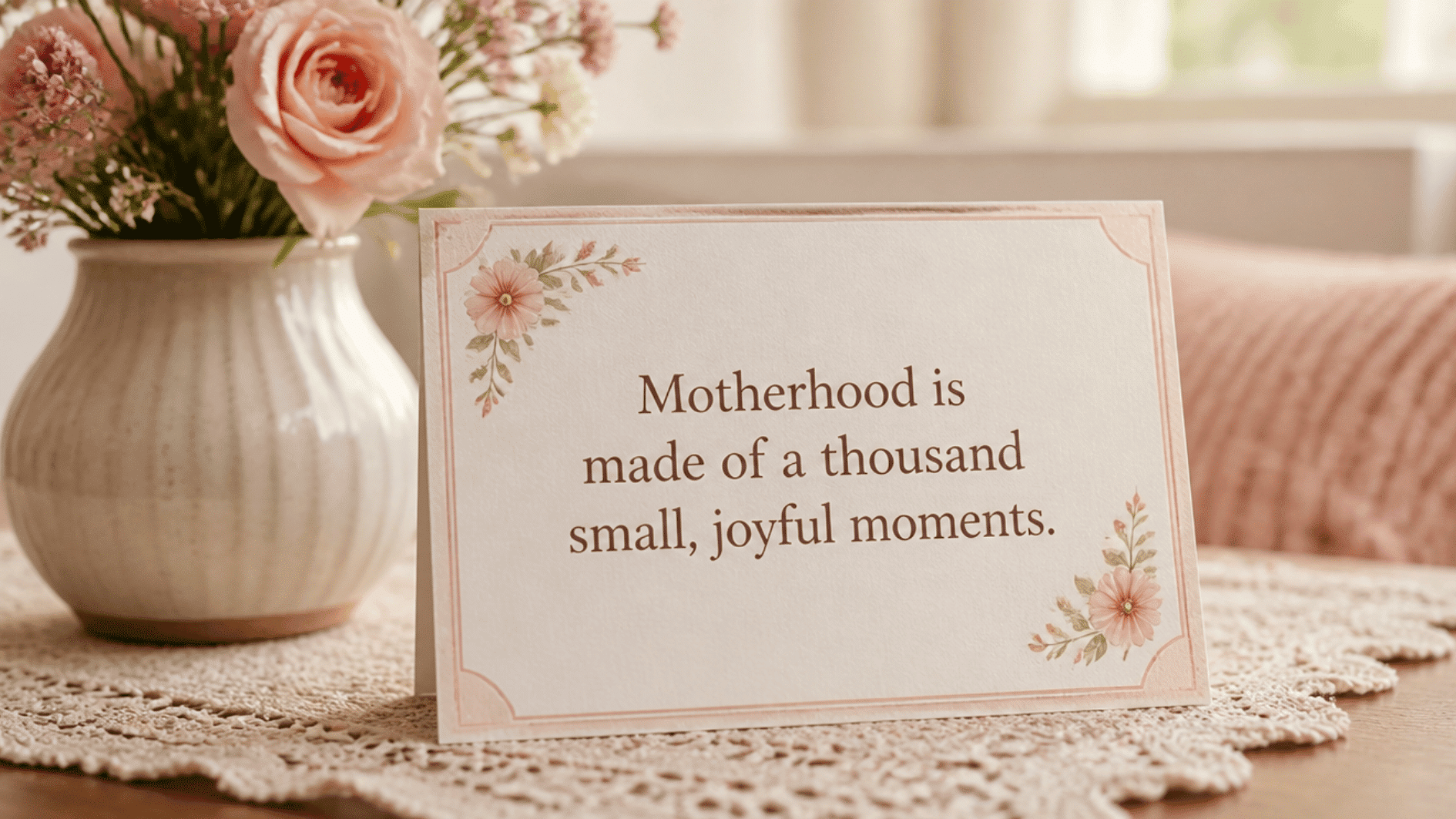 floral motherhood quote card reads motherhood is made of a thousand small joyful moments beside pink rose vase