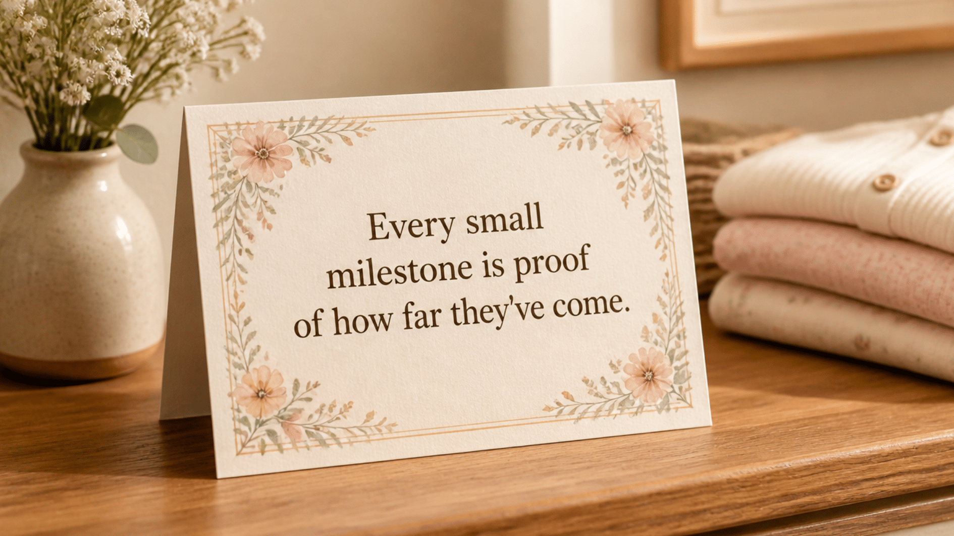 floral quote card on a wooden table reads every small milestone is proof of how far they've come beside flowers
