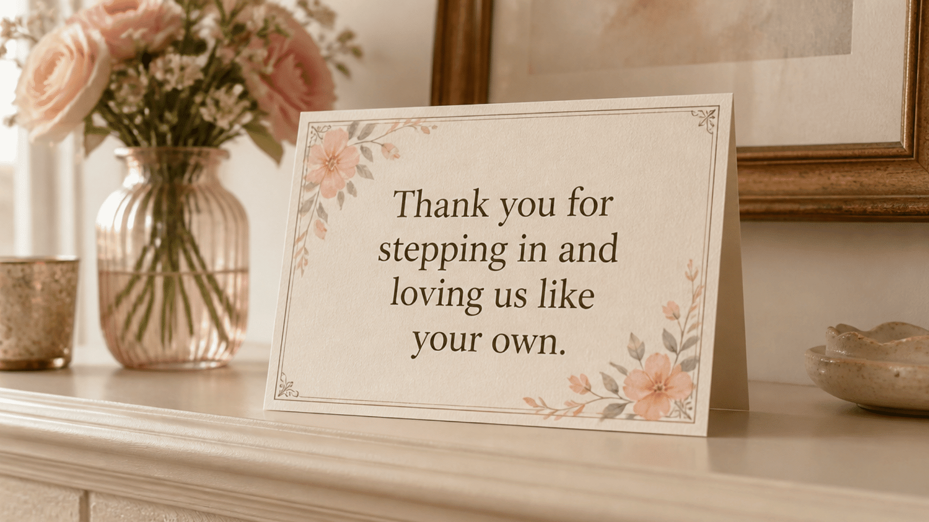 floral quote card on mantel reads thank you for stepping in and loving us like your own beside pink roses vase