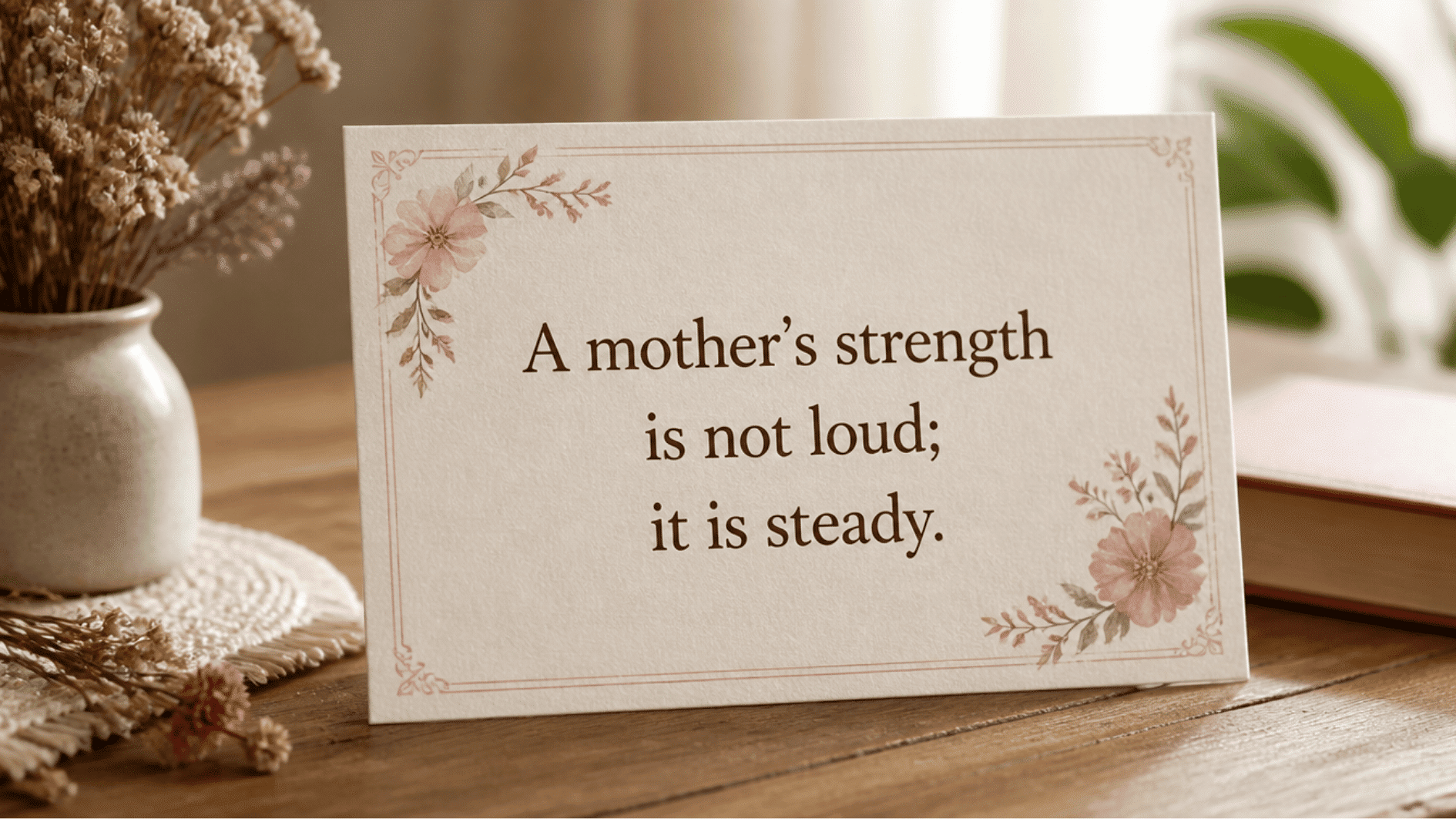 floral quote card on wooden table reads a mothers strength is not loud it is steady beside dried flowers vases (1)