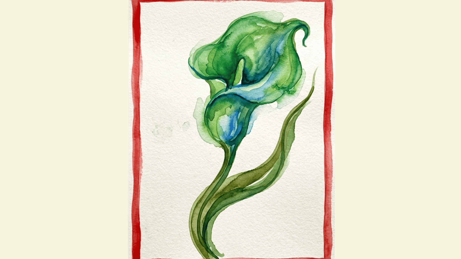 a watercolor illustration of a single green and blue calla lily flower isolated on a plain white background