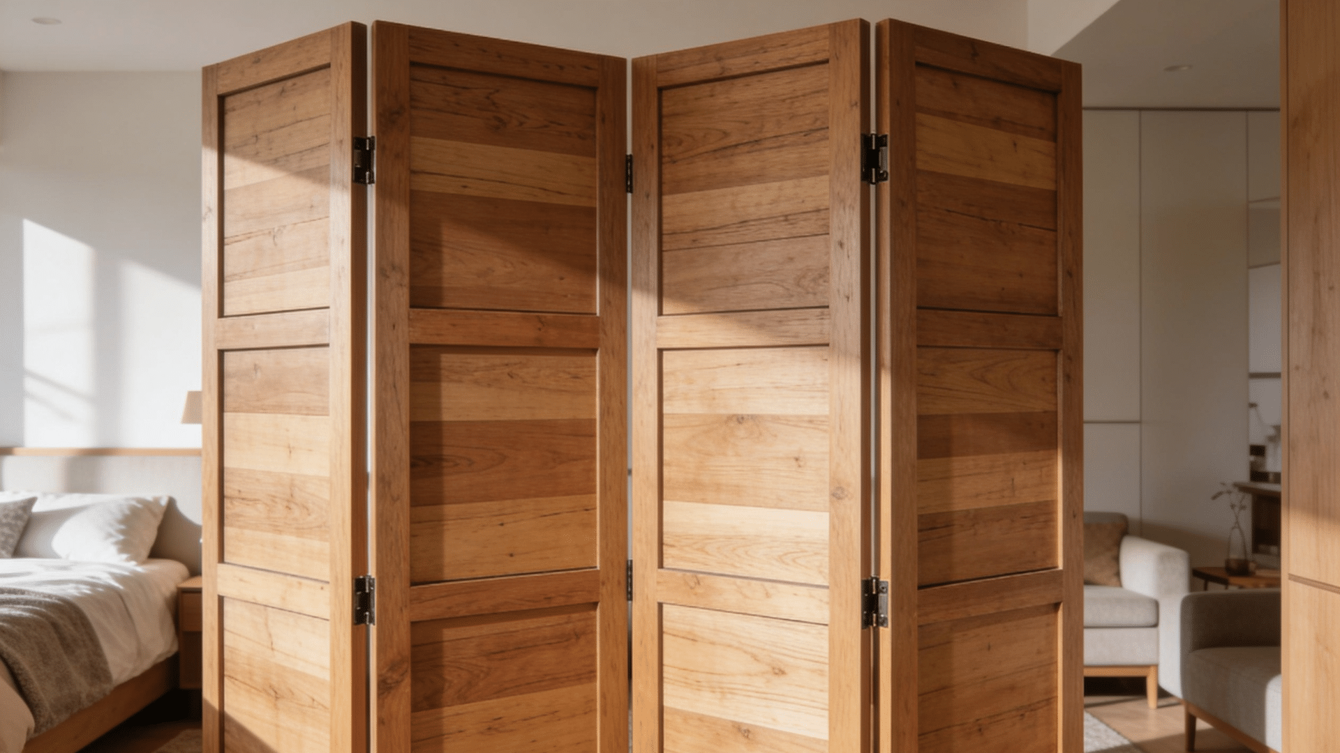 `folding wood screen room divider standing in a room`