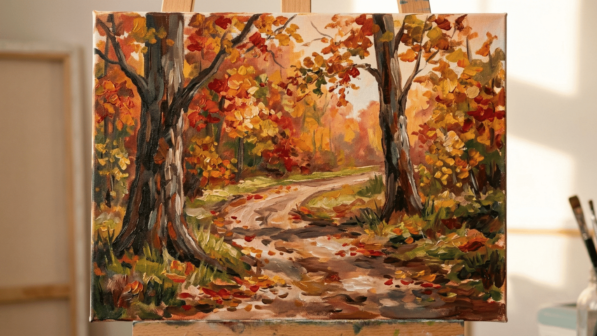 a forest path surrounded by autumn colored trees