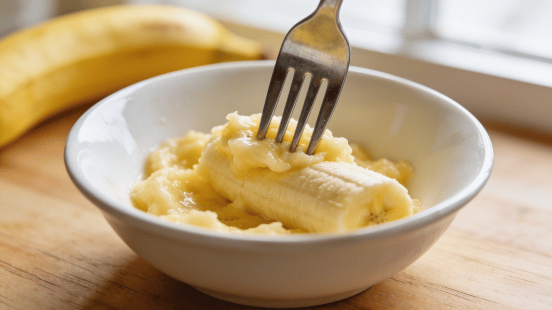 fork pressing banana puree in white bowl on wooden table with ripe banana in background soft natural kitchen light close