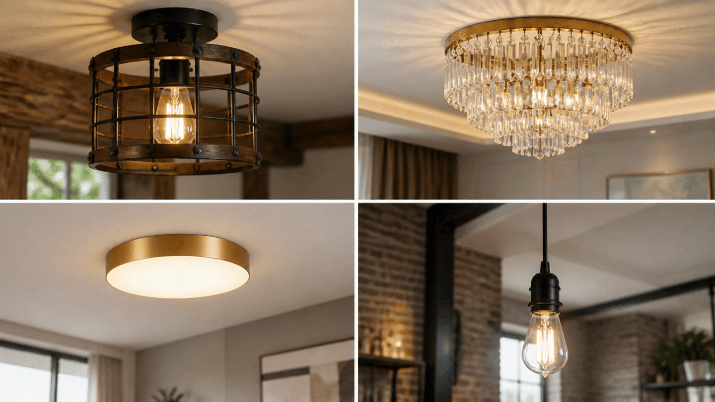 four panel collage of different ceiling light fixtures including cage chandelier flush mount and pendant styles