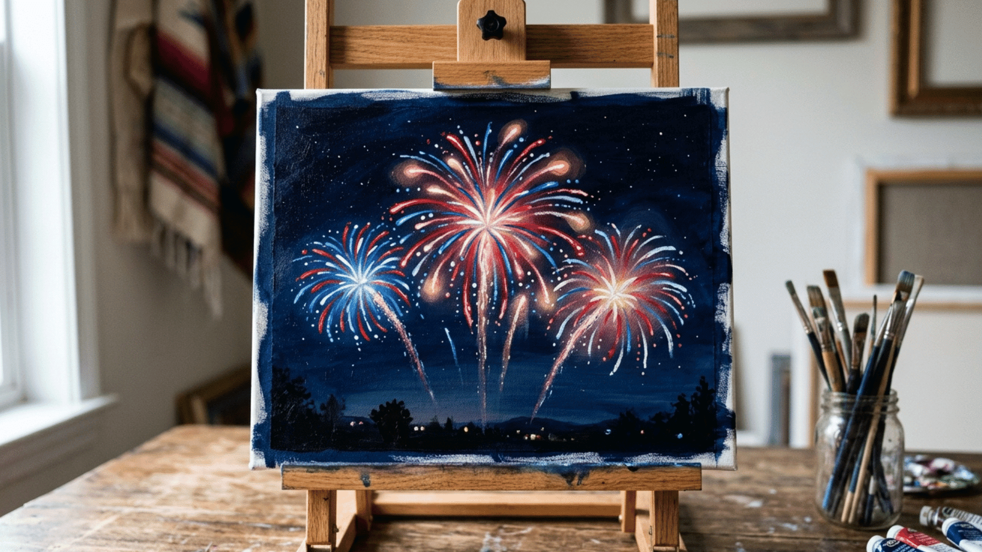 red white and blue fireworks painted on canvas resting on an easel
