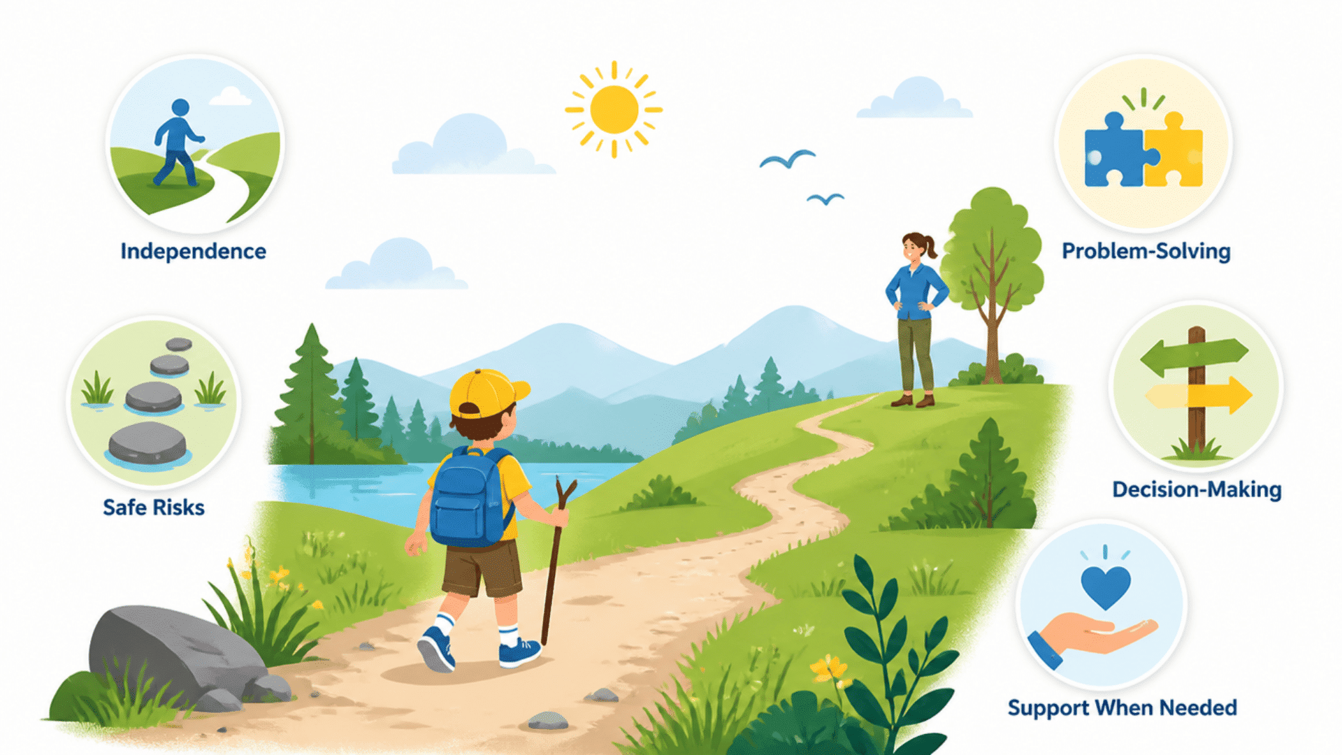 free range parenting infographic showing child independence, safe risks, decision making, problem solving, and support when needed