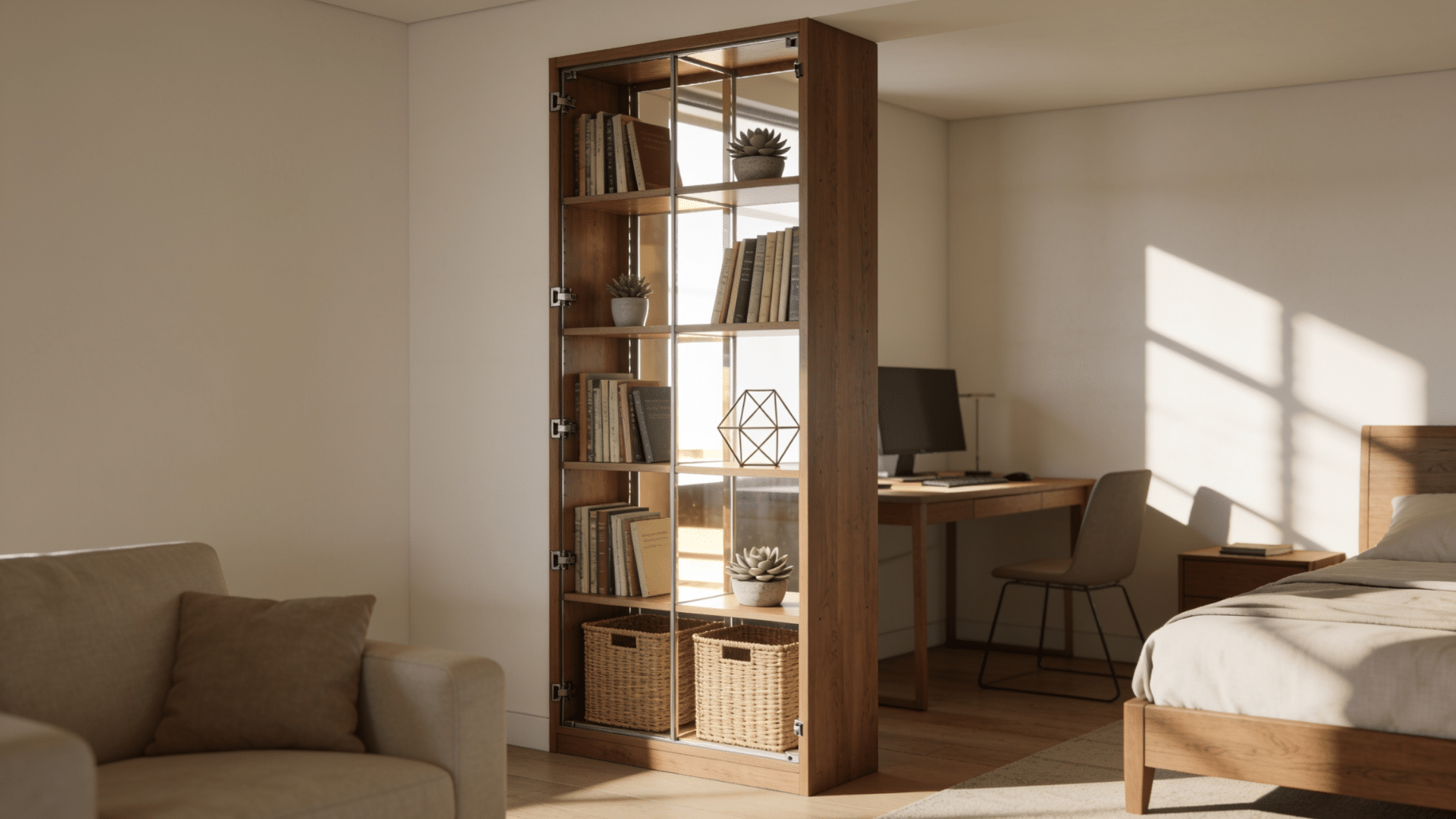 `freestanding bookshelf used as a room divider`