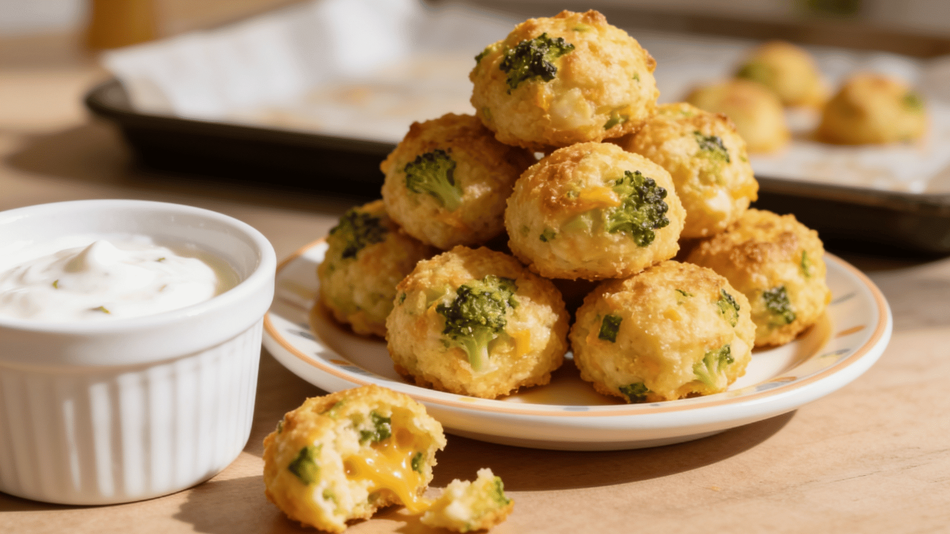 Freezer-friendly broccoli cheese bites on a toddler plate with a mild yogurt dip.