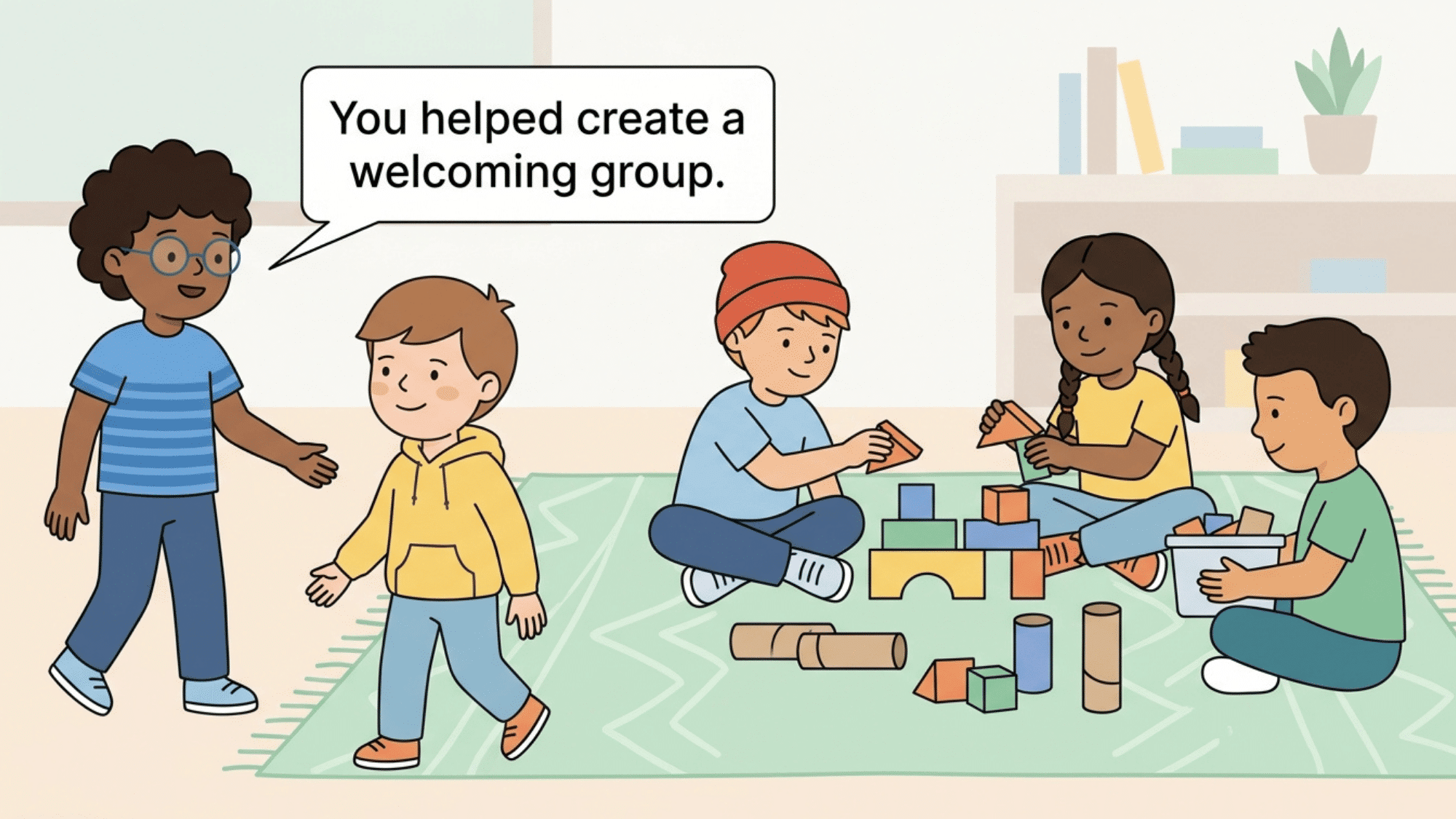 children working together and welcoming a friend during a group activity