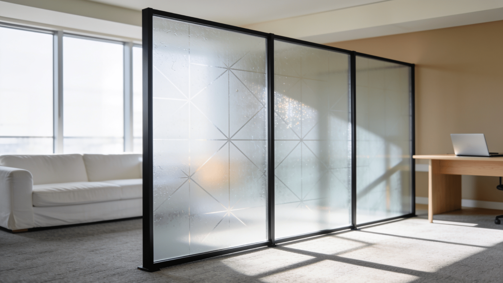 `frosted glass panel divider in a modern living space`