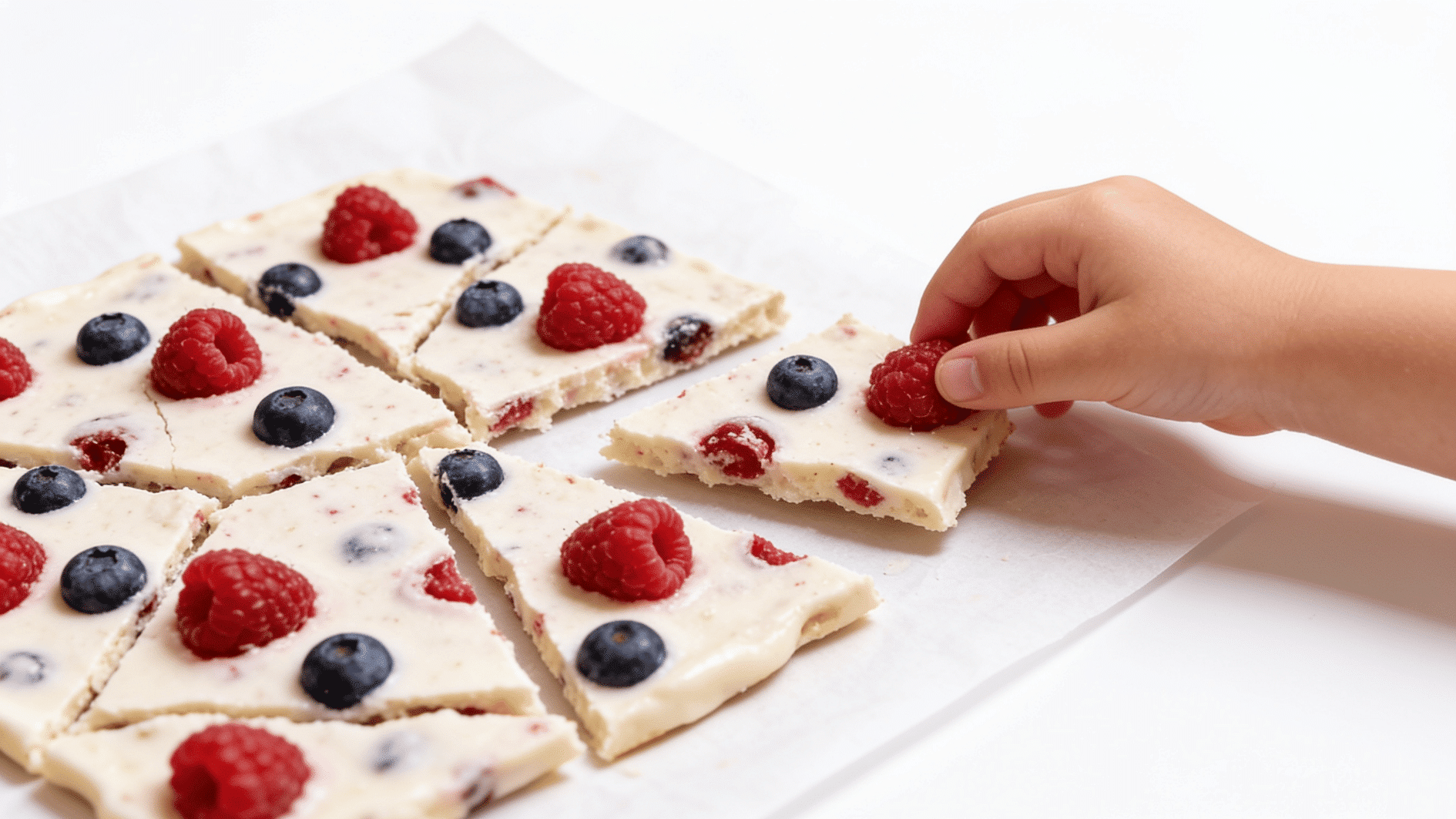 Frozen yogurt berry bark broken into shards, an easy make-ahead toddler snack.