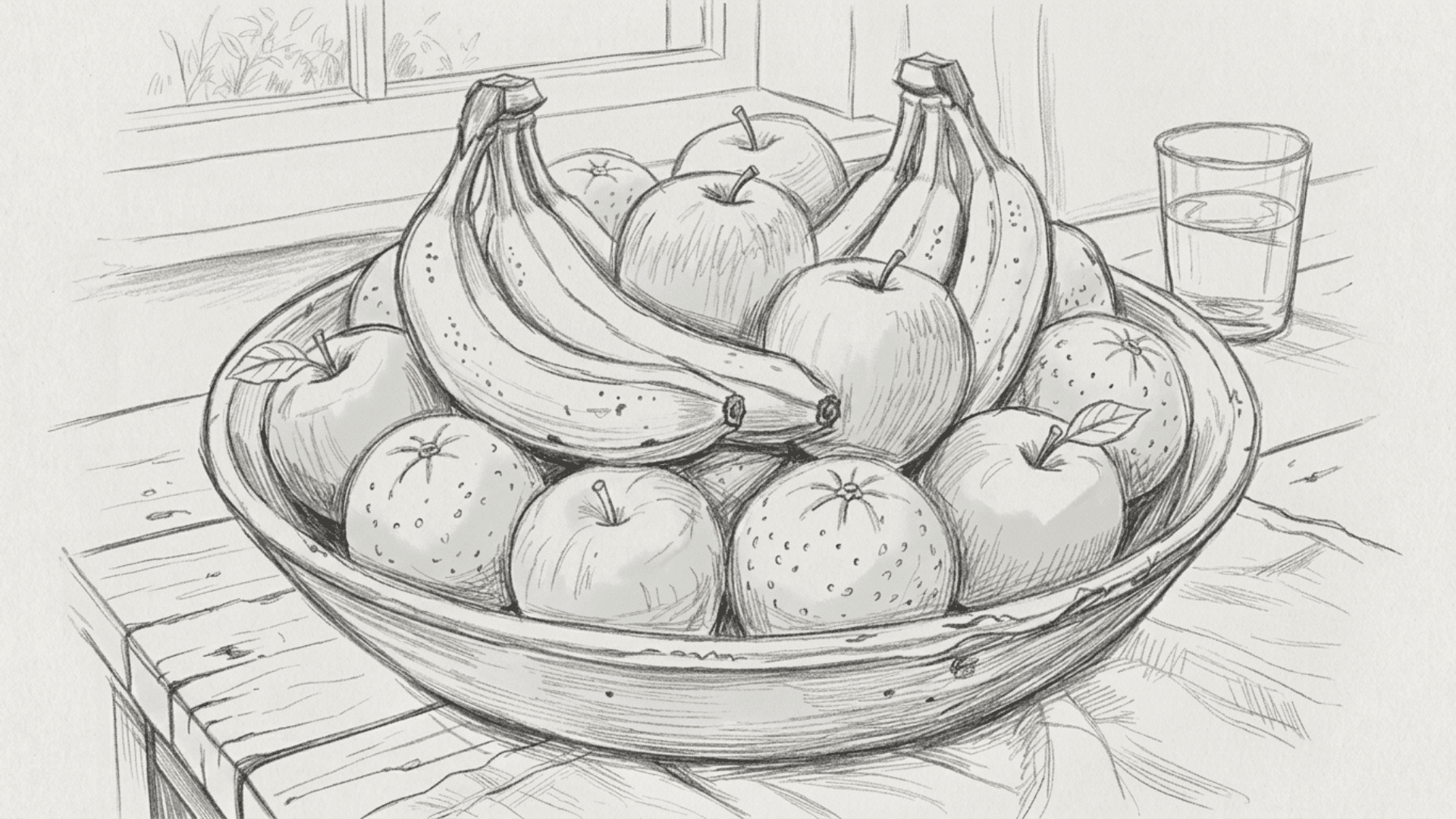 pencil drawing of a fruit bowl with apples, oranges, and bananas overlapping inside it