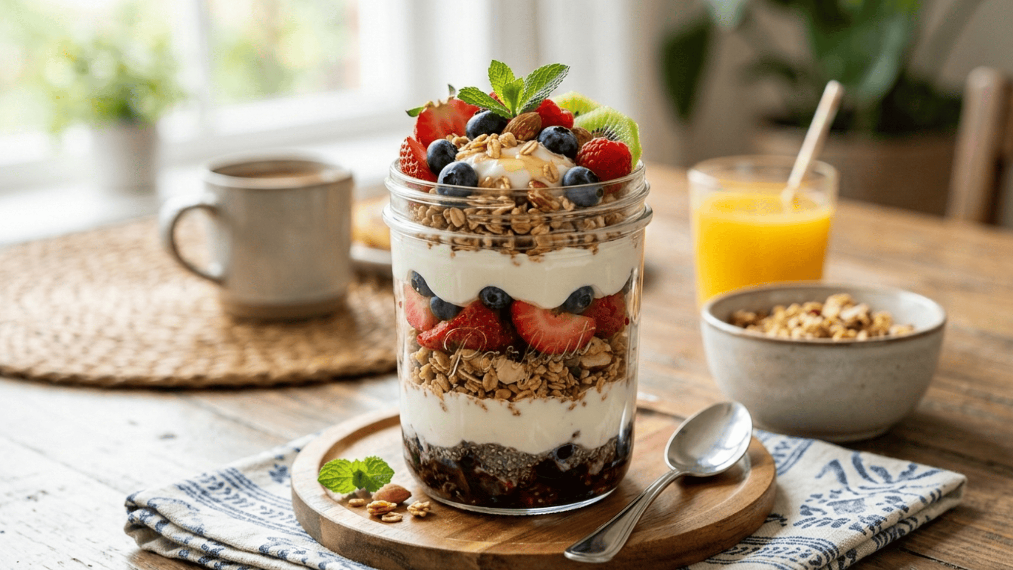 fruit parfrait for breakfast on a small wooden plate along with a spoon