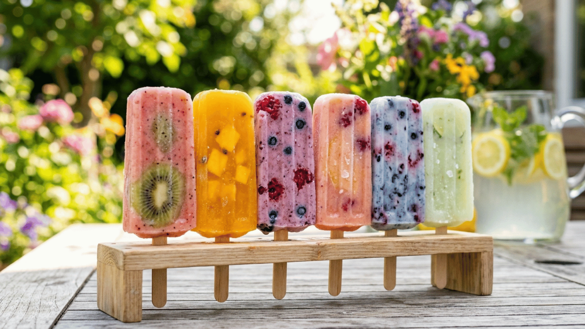 fruit and yogurt popsicles standing in a popsicle holder
