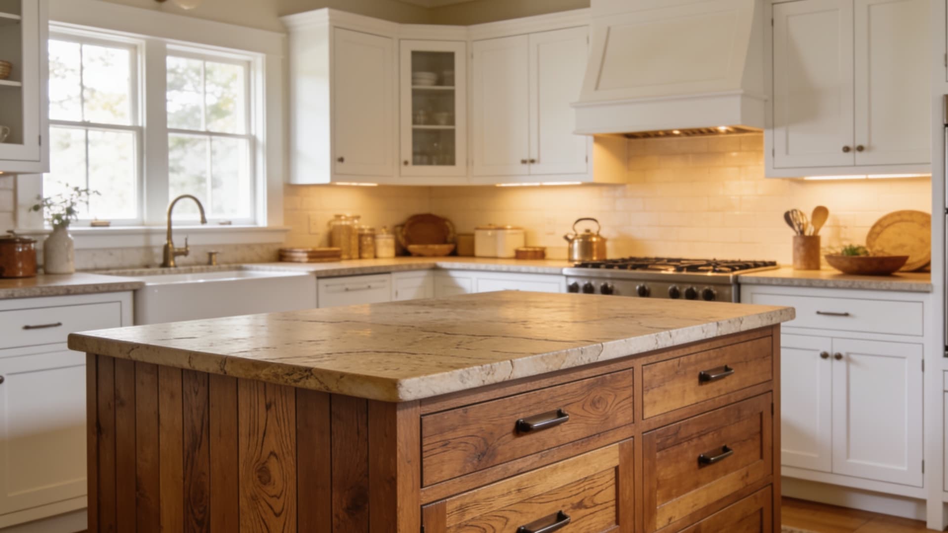 furniture style island with turned legs wood panels stone top deep drawers stools and white cabinets